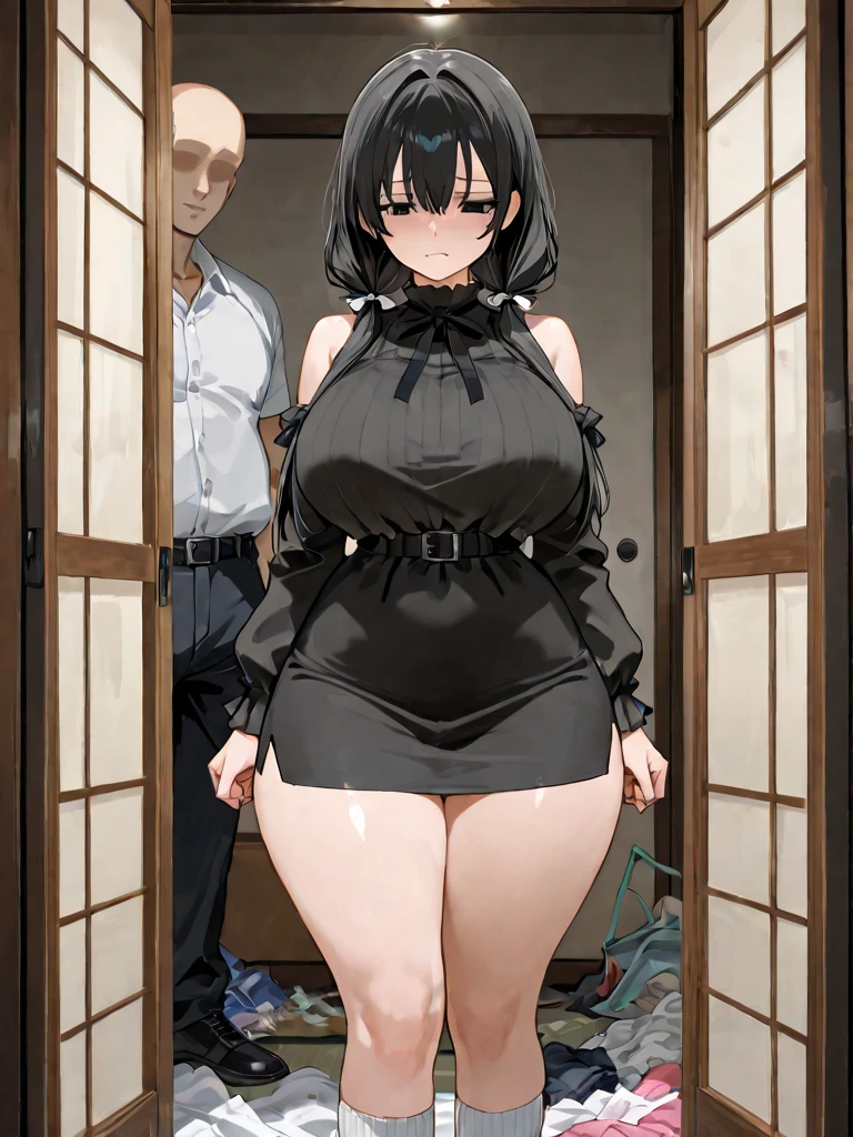 masterpiece, large breasts, (size difference, faceless male standing behind), 1girl, full body, hair ornament, bag, hair bobbles, smile, double v, blush, open mouth, hairclip, hand on another's head,