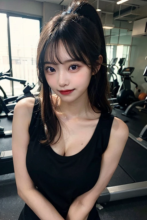 masutepiece, Best Quality, Photorealsitic, finely detail, hight resolution, 8K Wallpapers, Beautiful detailed eyes, Medium Hair, yoga pose、large full breasts, Random and sexy poses,Bring your chest together、(trainingwear)、perspiring、(Breast bulge 1.3)、A smile、open open mouth、seductiv、training gym、(Wet body 1.5)、20yr old、(Drooping eyes 1.4)、Adult beauty、japanes、Staring at the person taking the photo