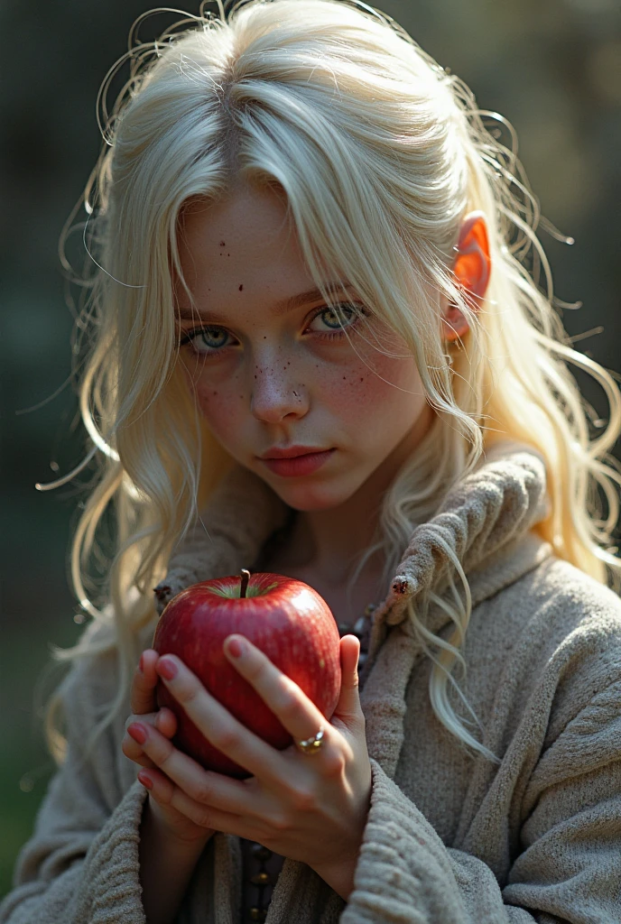 There is a BLONDE girl holding two apples in her hands, eating rotten fruit, holding an apple, with apple, apples, girl wearing uniform, children, photo bank, children, red apples, snow white portrait, wearing school uniform, wearing a school uniform, one holds apple in hand, 3/4 see portrait, children, bank image --auto --s2