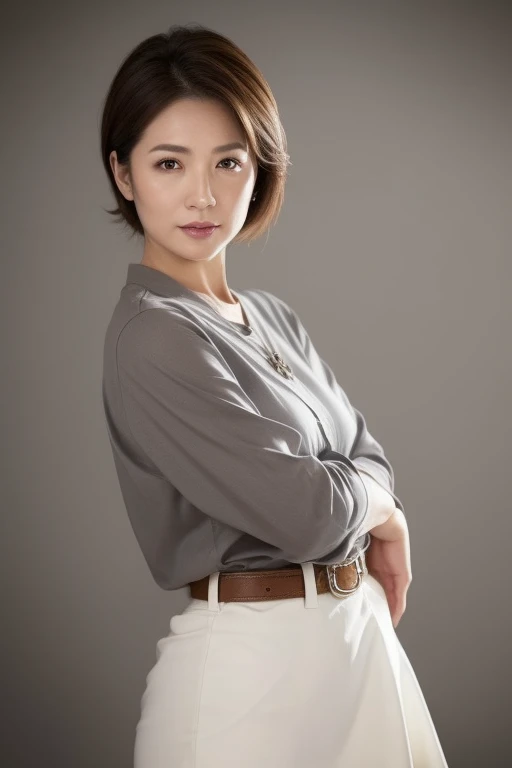 The ultra -The high-definition, masterpiece, Textured skin, ighly detailed, Photorealsitic, profetional lighting, depth of fields,
Pale solid color background,
(japanese mature, 35 year old), Female sexy, Detailed face, beautidful eyes, bangss, small breasts of good shape, long light brown straight hair, Faint lips, ((Stand forward、Staring at the viewer, serious face eyes.)), Buttoned shirt, skirt by the, fully body photo, cowboy shot