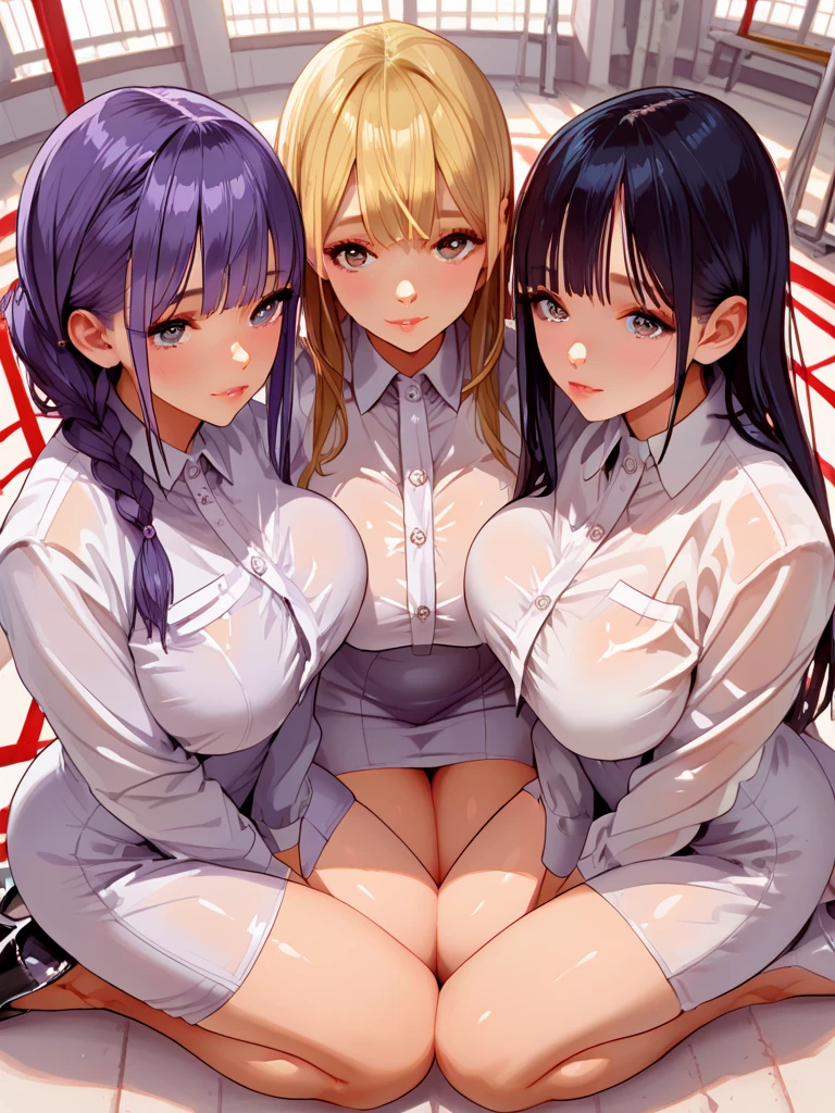 Super detailed, best quality, High resolution, Moe anime, ((((Three cute s with black hair and big round glasses hug each other.)))), (baby face), ((Big eyes:1.5, drooping eyes:1.2)), dark blue eyes, cute eyes, detailed eye description, brilliance of eyes, view audience, pale skin, (((petite))), NSFW, focus on the face, ((bust shot)), ((Sheer sailor suit, Lower body is naked)), Nipples are showing through, From the back, In the classroom, Navel exposed, Skirtlift, spread your legs