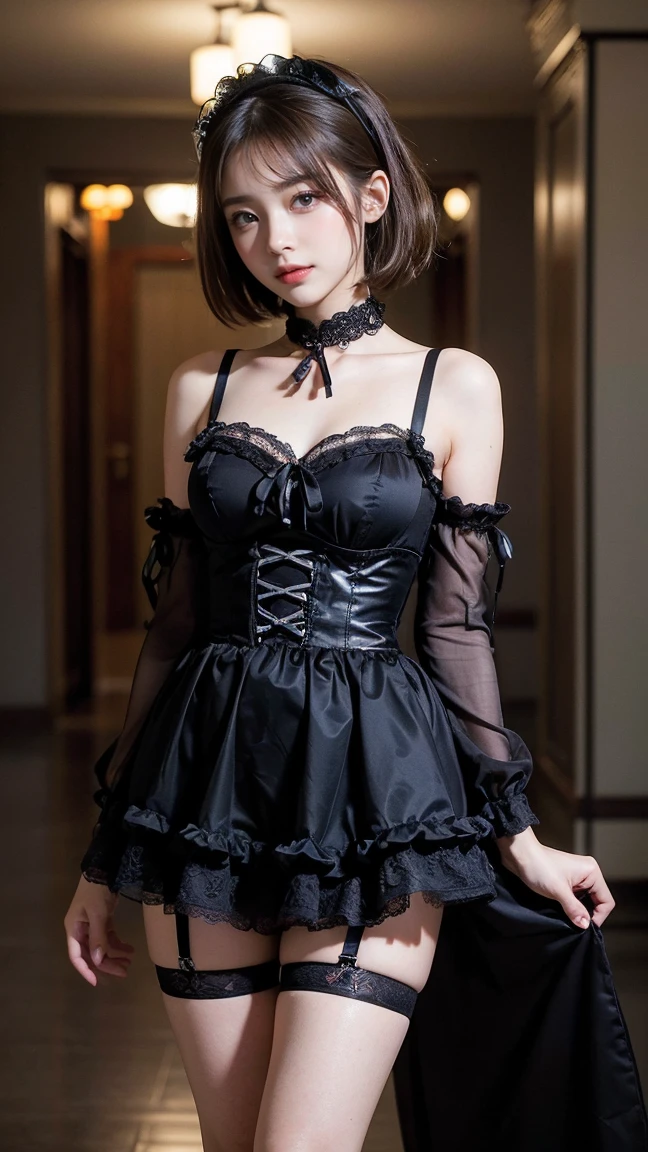 (8K, Photorealistic, Raw photo, of the highest quality: 1.3), (1girl in), Super beautiful, (Realistic face), (boyish, Silver Color Berry Shorthair), Beautiful , Glare that captivates the viewer, Beautiful expression, Beautiful breasts, (Realistic skin), Be...Super high quality, super high definition, super detailed, masterpiece, 20years old, female, cute, perfect face, beautiful, nice body, gothic lolita clothes, gothic lolita fashion, frilly skirt, headdress, necklace, bracelet, knee-high socks, boots, double eyelids, tear bags, Detailed down to the fingers, photo-like description, indoors, dim indoor lighting, blonde hair, pony tail, standing, whole body, composition that shows the whole body, smiling