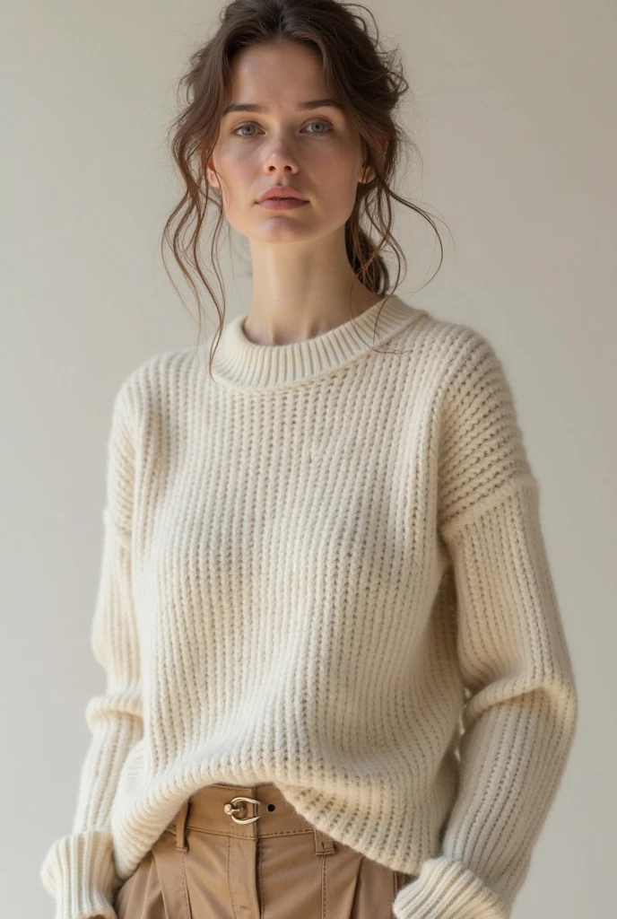 woman, young, blonde, pale skin, white background, an analog film still of a lady, sweater, winter