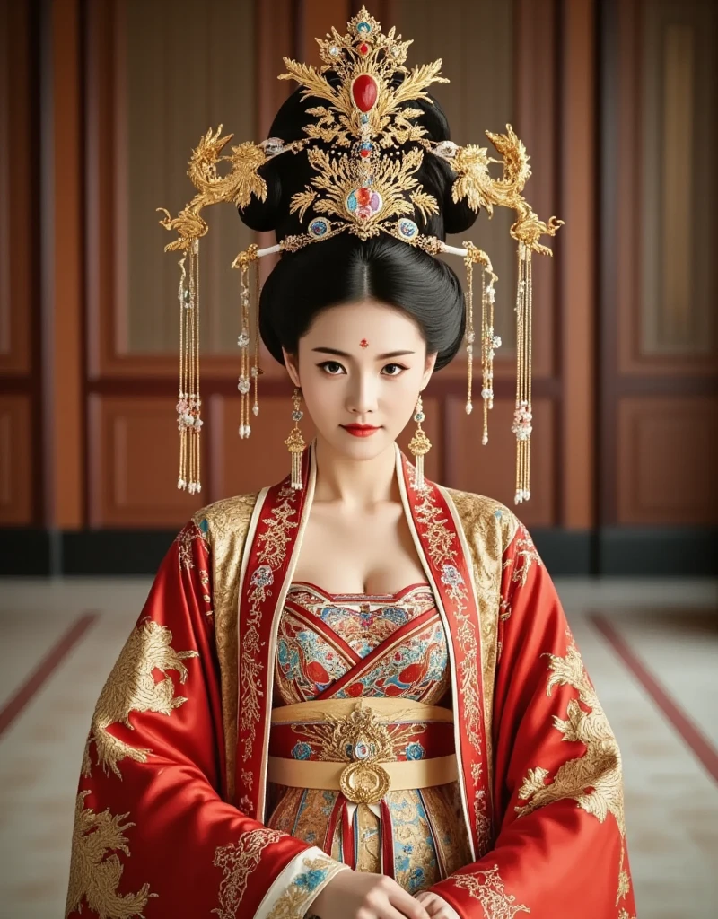 [CHARACTER: Tang Dynasty Imperial Noblewoman]  
Appearance: A breathtakingly beautiful Chinese woman with luminous porcelain skin, elegant oval face, soft round eyes, and an aura of authority mixed with sensuality.  
Outfit: Wearing an **extravagant Tang Dynasty hanfu**, with layers of **rich silk robes** in hues of deep red, gold, or royal purple, adorned with **phoenix and peony embroidery**, golden trims, and flowing wide sleeves. Her outer robe drapes gracefully, revealing inner layers with intricate brocade.  
Hair: Styled in a **tall, elaborate Tang court updo**, decorated with **gold phoenix pins**, **jeweled crowns**, **floral hair ornaments**, and **dangling pearl strings**.  
Expression: Regal and composed, with a soft, knowing smile or a serene, powerful gaze — full of imperial charm and timeless grace.  

[SCENE]  
Location: Standing or seated in a **Tang Dynasty palace hall**, or on a marble terrace with carved dragons, red pillars, and hanging silk drapes. Optionally near **an imperial lotus garden** or **silk-curtained balcony** overlooking the court.  
Lighting: Warm golden indoor lighting, with beams of sunlight from tall windows or lanterns casting soft highlights on silk textures and jewelry.  
Mood: Grand, majestic, and intimate — capturing the elegance and dominance of a woman born to rule.  

[CAMERA]  
Full-body or mid-length portrait, capturing the flow of the robes, the headdress, and facial expression. Side angle or slight tilt for cinematic drama.  

[STYLE]  
Ultra-realistic 8K, cinematic lighting, dramatic shadows, soft focus on background to enhance regal presence.  
Avoid cartoonish tone — use royal color palette, authentic textures, and Tang Dynasty aesthetics.
