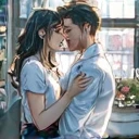 a couple kissing , male and female, brown hair, night time , hands in pocket