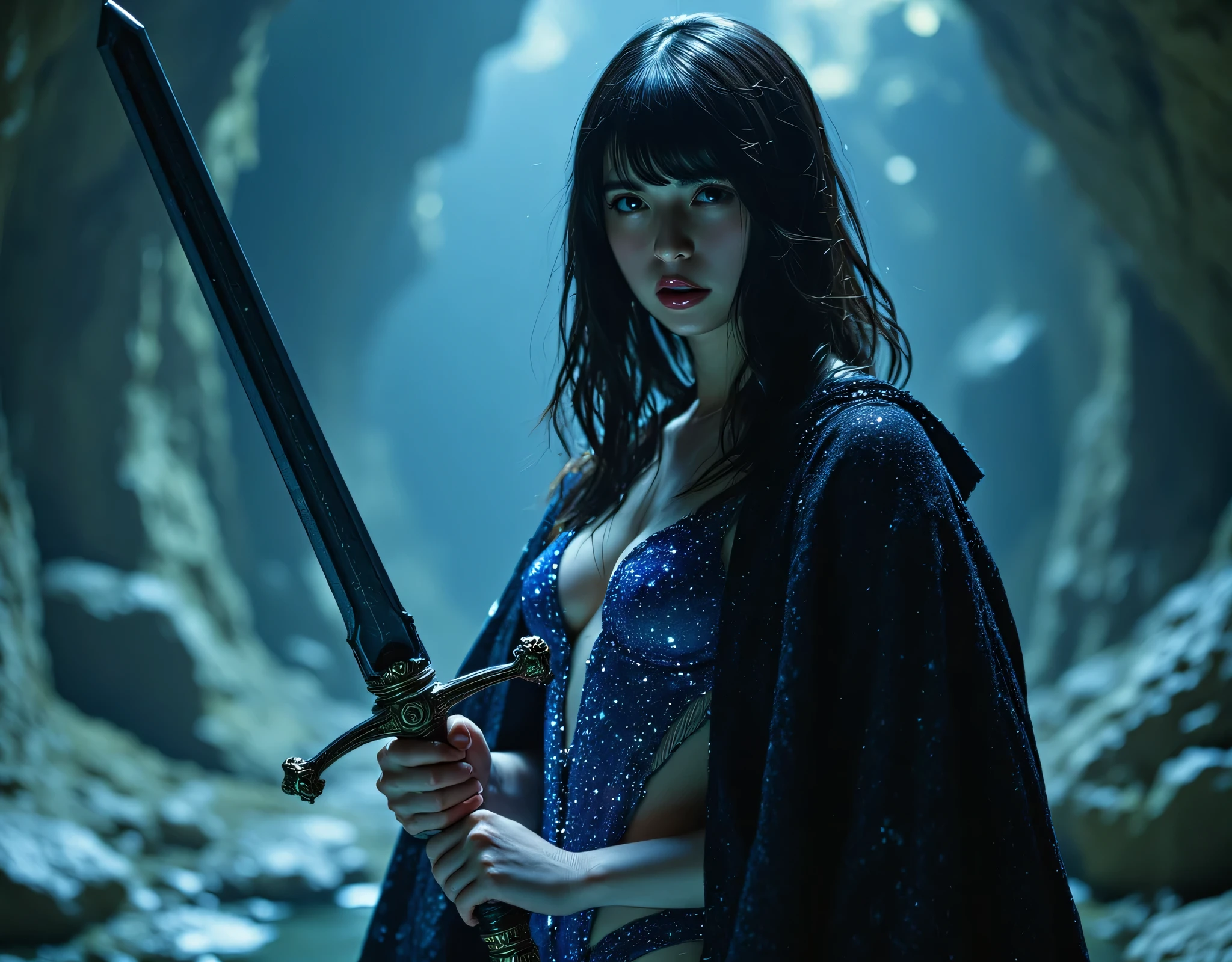 ((Caves filled with sparkling crystals:2.0))),(((Dark Fantasy Vibes:2.0))),(((Holding a sword made of ore:2.0))),standing,((full body:2.0)),One woman,(cute face),(Beautiful well-balanced face ),((long hair with bangs:2.0)),(Wavy Black Hair:1.5),(beautiful eyes on my stomach:1.3),glamorous shot of a 20-year-old Japanese woman,Beautiful slender body,((model body type:2.0)),(7 heads:1.7),((slim body:1.7)),perfect body line,ideal proportions,((big breasts:2.0)),((スリーサイズ90-58-86:3.0)),((F cup breasts:1.5)),Big Breasts,Bare thighs,Sensual Thighs,delicate body,(muscular:1.7),harmonious posture,((Realistic breast depiction :1.7)),carefully depicting limbs based on perfect anatomy,((Medieval swordsman style super high leg leotard:2.0)),((Super Hi-leg leotard made of sparkling clear crystals that fit the body:2.0)),((blue cloak with an open front over a leotard:2.0)),((((Coarse mesh fishnet stockings:2.0)))),concept art,(Highest Quality:1.5),(masterpiece:1.5),(超高resolution),resolution,UHD,(delicate depiction),carefully drawn,32k,((Realistic Skin Texture:1.5)),(((super realistic:1.5))),carefully draw eyelashes,Highly Detailed Faces,Highly detailed female hand, Sexy appearance ,Extremely Sensual,(Blurry Dim Backgrounds :1.5),professional photo shoot,(movie lights:2.0),((Blade Runner style lighting:2.0))