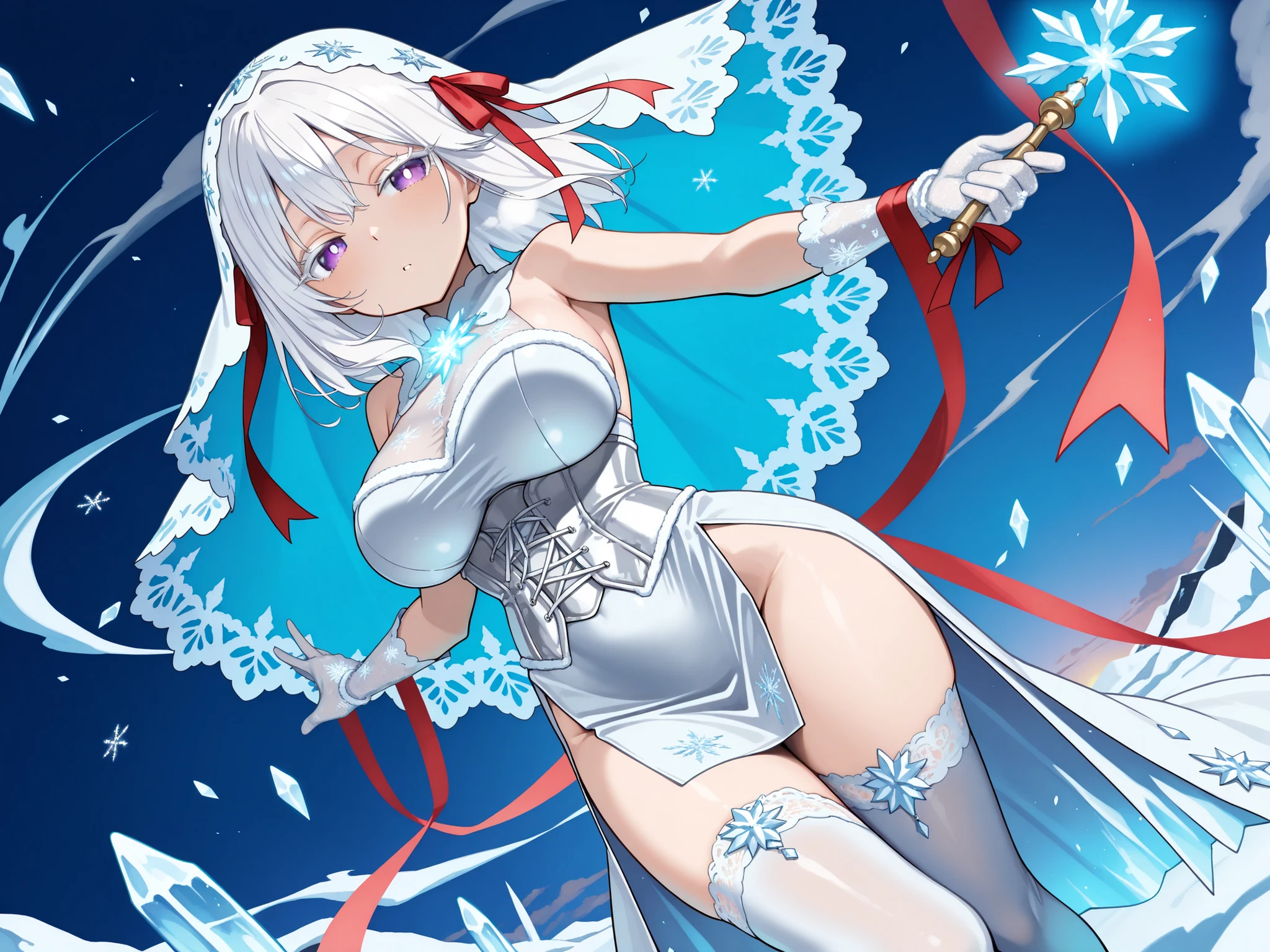 fantasy winter shrine, floating ice crystals, glowing runes in the snow, magical snowfall, moonlit sky, shimmering cold mist, dutch angle, looking at viewer, (solo, 1girl, white hair, medium hair, hair ribbon, red ribbon, habitual hair, purple eyes), large breast, (ice-themed gothic costume, tight corset dress, high slit skirt, frost lace gloves, glowing ice shards, sheer thigh-highs, veil with snow crystal pattern), confident stance with wand, casting ice magic, blowing snowflakes from palm, arms extended with flowing ribbons, seductive sideways glance, steam, cute face, big eyes, half closed eyes, (((white pupils))), ((white eyelashes, lower eyelashes)), shy