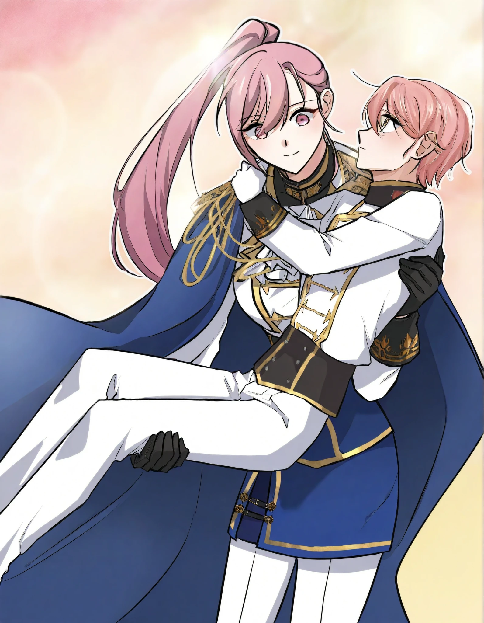 masterpiece,best quality,Regina rena, 1girl, solo , pink hair, ponytail,wearing a stylish military-inspired ,, white pants , blue skirt, Jacket , blue Cape ,white military-style jacket with gold accents, including decorative buttons and trim, Gloves , princess carry, 1boy, female carrying male, role reversal