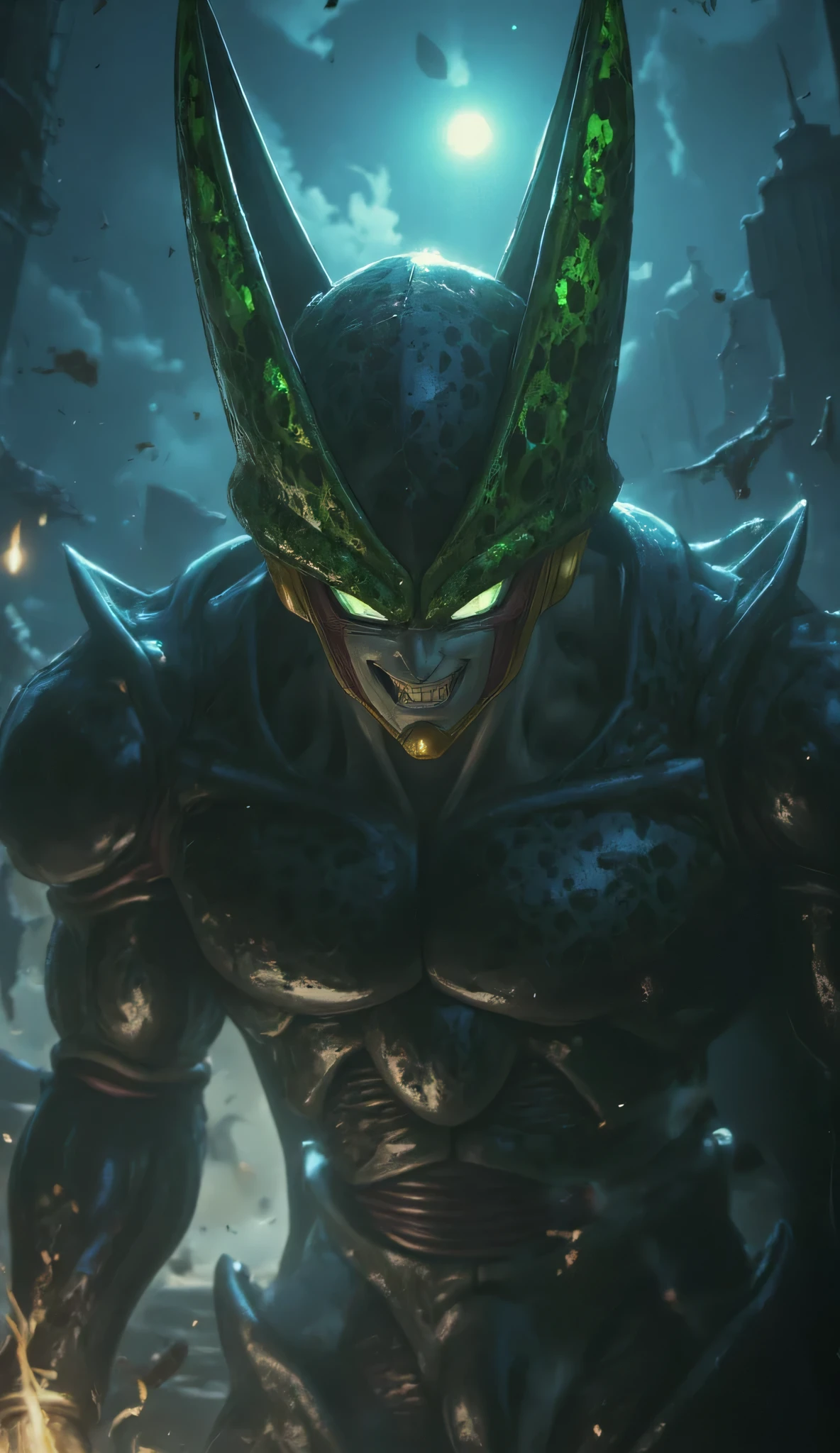 Extreme full body shot, eerie horror-inspired angle – Cell’s Perfect Form slowly emerges from the darkness, his bio-armored exoskeleton glistening under the dim, flickering blue-green backlight. His piercing, luminescent green eyes cut through the shadows, exuding an ominous presence. The intricate organic textures of his insect-like face and armor are hyper-detailed, revealing subtle ridges, fine cracks, and biomechanical patterns. His wicked smirk exposes razor-sharp fangs, adding to the unsettling menace. The moody atmosphere is enhanced by swirling mist in the background, faint embers drifting through the air, and a cold, unsettling ambiance, making the scene feel cinematic and hauntingly realistic. Hyper-detailed textures, ultra-HD realism, Leica lens, dramatic shadows, volumetric lighting, RAW processing, cinematic horror aesthetics, depth of field (DOF), 8K UHD, atmospheric realism, style raw.