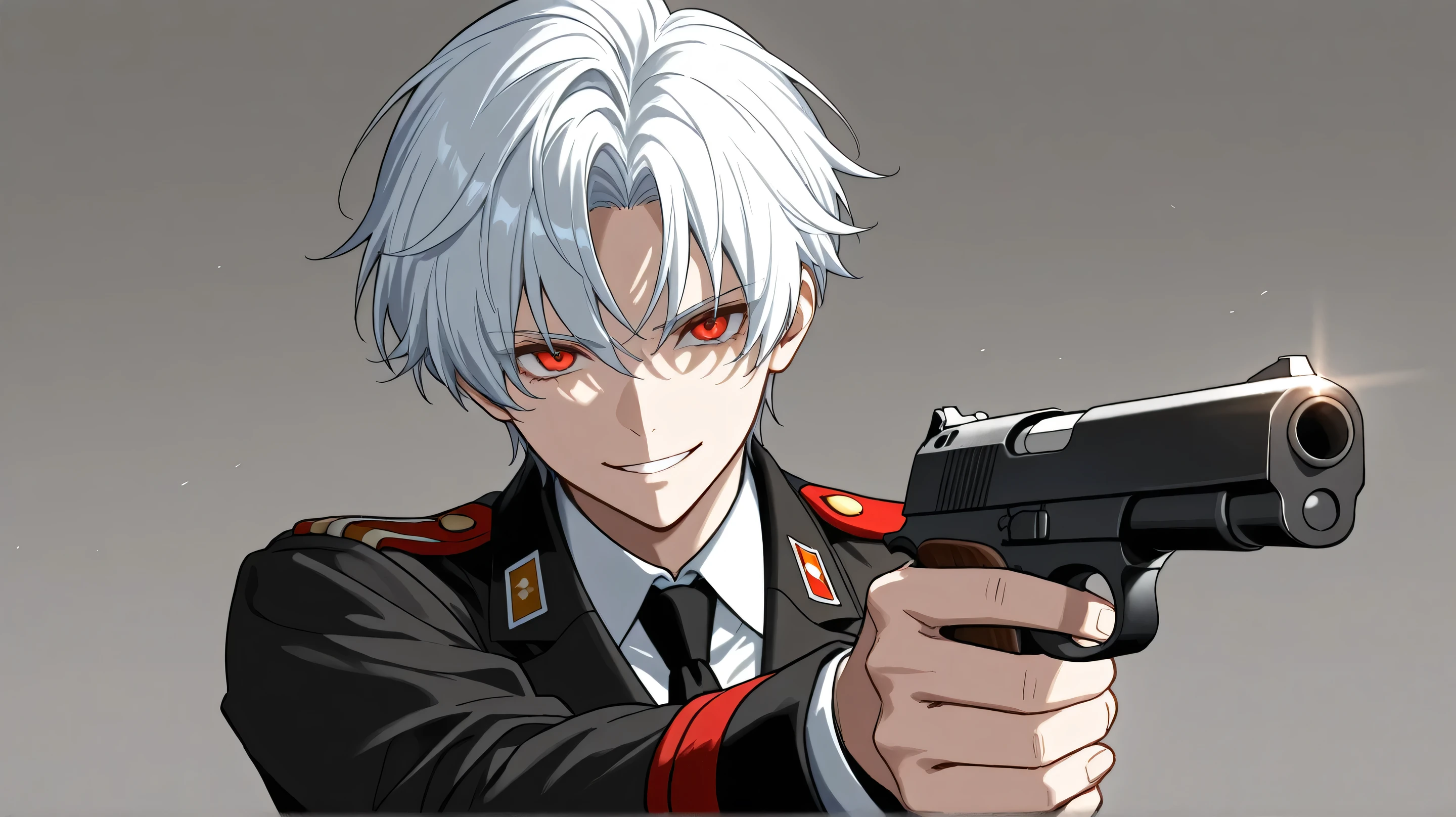 men white short hair red eyes military cloothes happy face have pistol