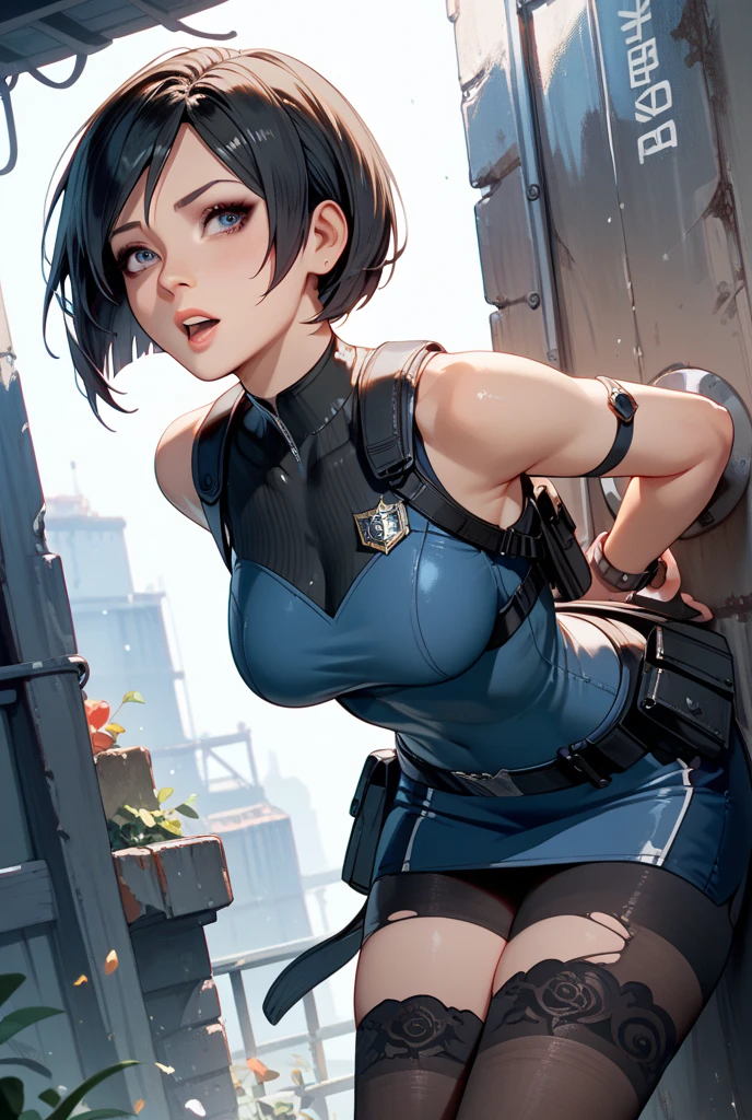 detailed, perfect anatomy, female engineer mechanic girl with goggles holding a wrench, dirty tank top, uniform, working on a mecha , japanese mecha, mecha robot, solo focus, blue eyes, strawberry blonde hair, ponytail, denim jeans, repairing machines, smiling, caring, looking upward, high angle, cyberpunk, futuristic, military vibes, diesel punk, indoors, welding, looking at viewer, muscle, toned woman, tomboy, in a futuristic military complex, police department, small jet fighter, white walls, ((BEST QUALITY))