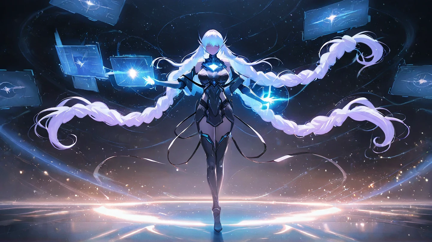 1 girl, 20 year old girl, one person, (Silver blue hair streaked pink purple:1.4), (Gradient sky blue hair ends:1.6), hair strand, absurdly long hair, single sidelock, wavy hair, shiny hair, floating hair, (Illusion deep purple eyes), delicate eyes, aqua eyes, High like real eyes, ((glowing eyes)), makeup, Focus on face, Very detailed facial, hot body, Random environment, Random pose, on the street, looking at the starry night sky, meteor, Technical clothing masterpiece, White extra long skirt, several cross stars beside, Colored lights swirl around the body, (((Extra super huge colorful extra super complex multiple glowing magic circle upright on the back of the head))), cyberpunk, full body shot, realism, chiaroscuro, (glowing light), sparkle, ray tracing, cinematic lighting, Futurism, motion blur, Ultra-Wide Angle, god rays, atmospheric perspective, best quality, UHD, super detail, masterpiece, highres, ccurate, retina