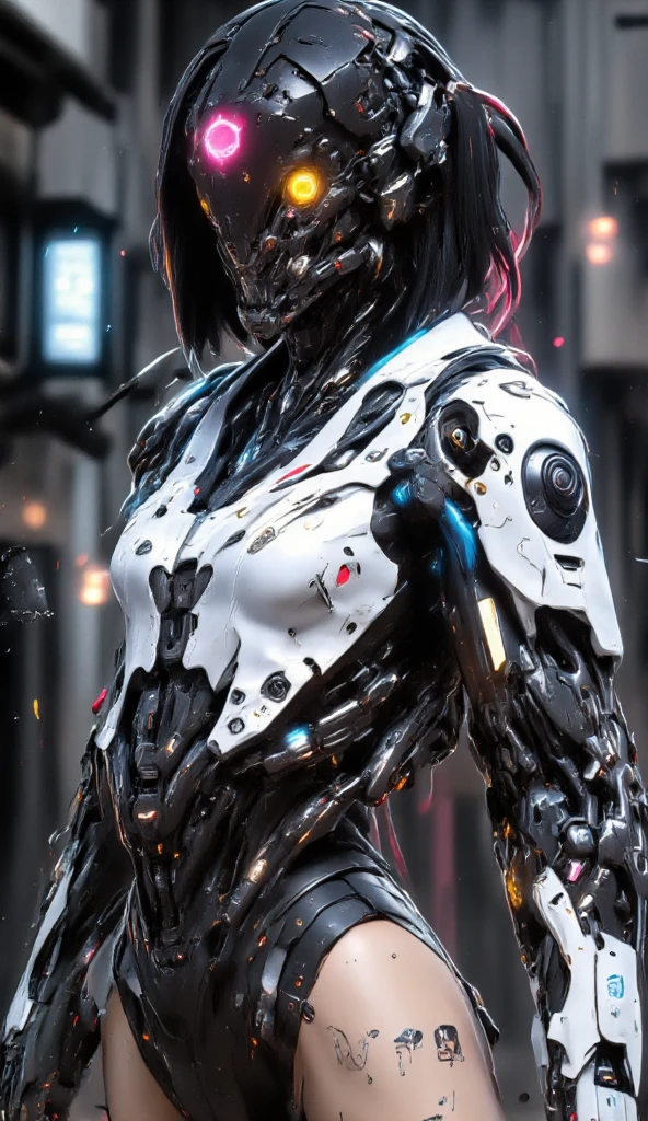 Top Quality, Masterpiece, Ultra High Resolution, (Photorealistic: 1.4), Raw Photo, 1 Girl, Black Hair, Glossy Skin, 1 Mechanical Girl, (Ultra Realistic Details)), Portrait, Global Illumination, Shadows, Octane Rendering, 8K, Ultra Sharp, Big, Cleavage Exposed Raw Skin, Metal, Complex Ornaments Details, Cold Color, Egyptian details, very intricate details, realistic light, CGSoation trend, purple eyes, glowing eyes, facing the camera, neon details, mechanical limbs, blood vessels connected to tubes, mechanical vertebrae attached to the back, mechanical cervical attachment to the neck, sitting, wires and cables connecting to the head, evangelion, small LED lamp,