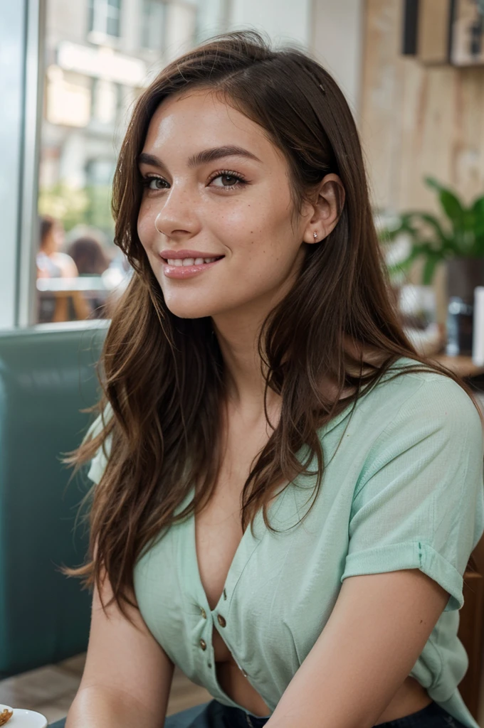 An ultra-detailed photo of a 22-year-old brunette girl (a mix with Adriana Lima (20%), Brie Larson 60% and Rose Bertram 20%), with long, straight red hair with ponytail, light green eyes, natural beauty, weak freckles, cheerful and spontaneous expression, shy smile, orthodontic aparel, warm skin tone, strong body, shoulders, wearing a tight white t-shirt, with a purple jacket and pants, sitting on a bar chair on the sidewalk of a large street in Rome, no jewelry, no makeup, dramatic lighting, 8k.