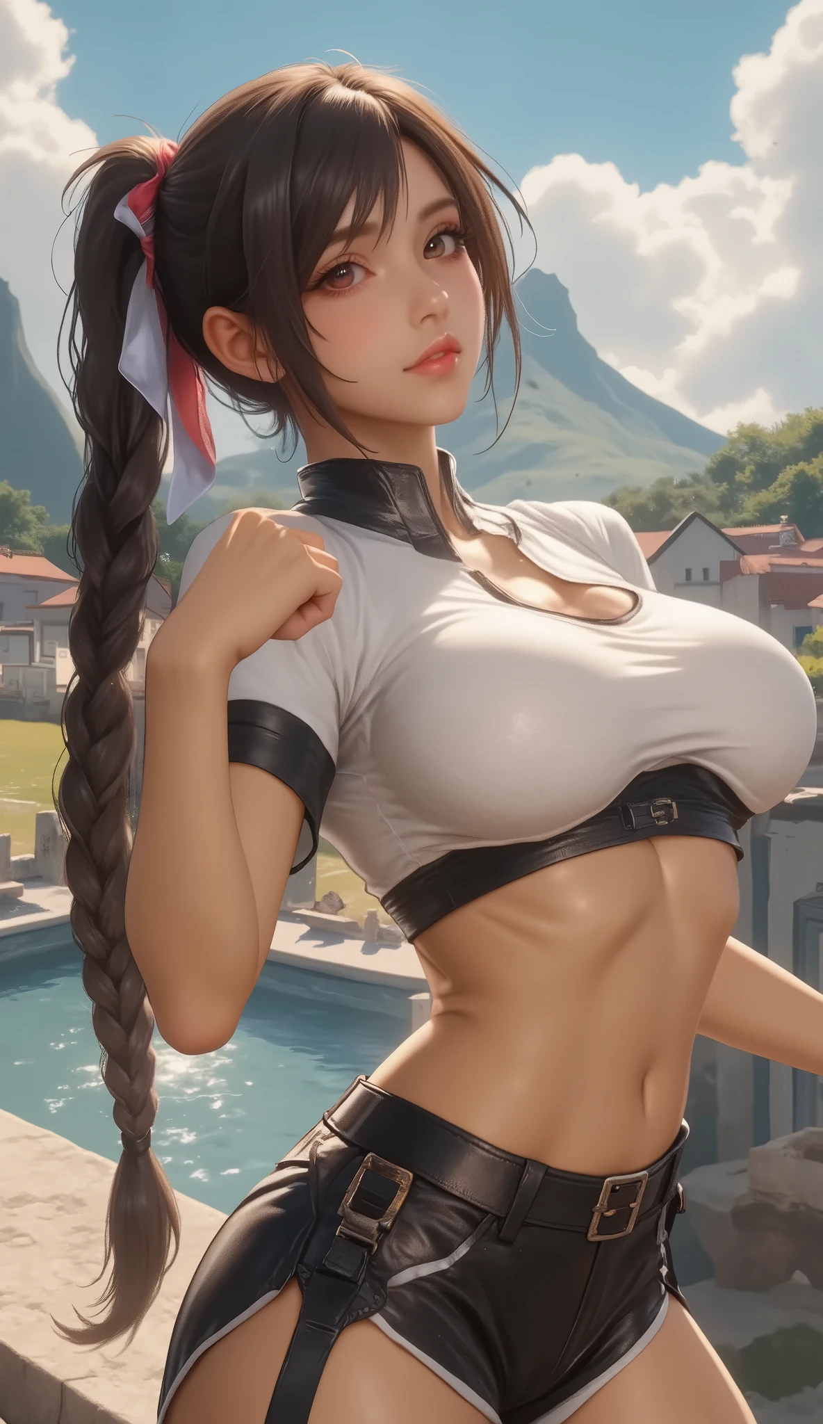 Final Fantasy-inspired anime style, cinematic and exaggerated. Tifa Lockhart from Final Fantasy VII is captured mid-action, throwing a powerful punch with her gloved or bare fist. She wears a modified, extra-revealing version of her iconic white crop top — **with reduced fabric coverage**, exposing **clear underboob and deep cleavage**. The top is stretched tight, barely containing her **massive, heavy-looking breasts**. As she strikes, her large chest **bounces wildly in every direction — up, down, side to side**, in sync with her sharp upper body motion. Her breasts visibly react to the force, with natural weight and stretch, accentuated by the minimal fabric clinging to them. Her abs and toned figure are subtly visible, and her confident, aggressive expression reflects her power. The punch connects clearly with the target’s face — **no blood or gore** — captured with intense motion blur, impact shockwaves, trailing particles, and fantasy-style energy burst. Background may include a glowing temple, floating ruins, or Midgar street. Highly detailed, soft skin lighting, anime exaggeration with Final Fantasy atmospherem, ((punching enemy's face, exposing underboob))
