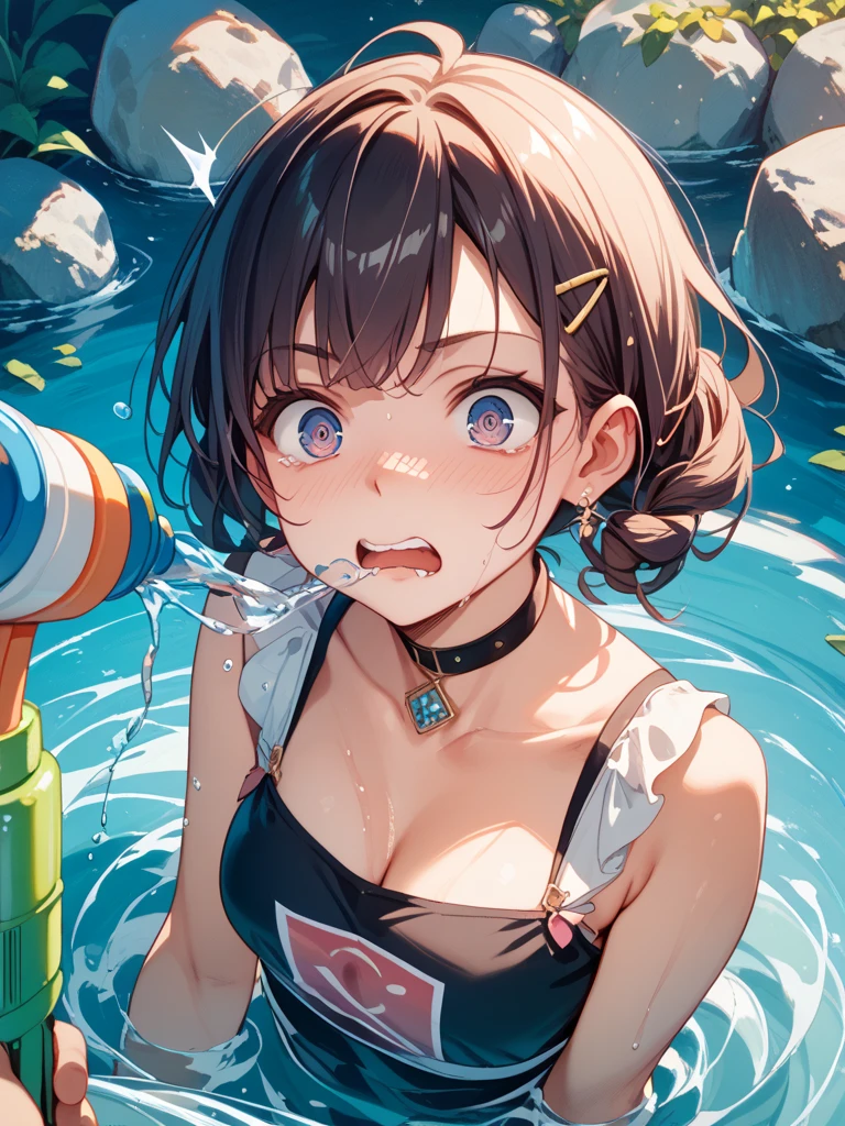 Rabbit Girl、From Side, full bodyesbian、 Close-up of the mouth、Baby face、tongue、long tongue、((I have my mouth wide open、Show me your back teeth、Stick out the tongue))、Concentrate on the tongue、((Show the inside of the mouth))、A smile、Colossal tits、cleavage of the breast、The bikini、masterpiece、top-quality、Watercolor style、teak、in poolside、