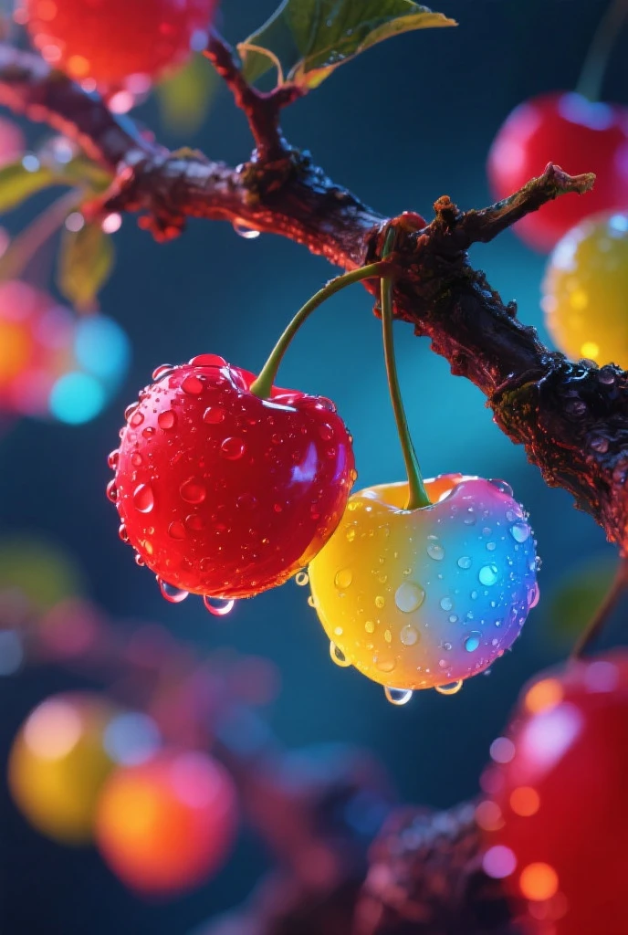 there are two cherries that are dripping from a tree branch, cherry explosion, berries dripping, berries dripping juice, very beautiful digital art, beautiful digital art, 4 k hd wallpapear, beautiful digital artwork, beautiful gorgeous digital art, gorgeous digital art, amazing digital art, fairy fruit. octane render, stunning digital art, squashed berries dripping, breathtaking digital art