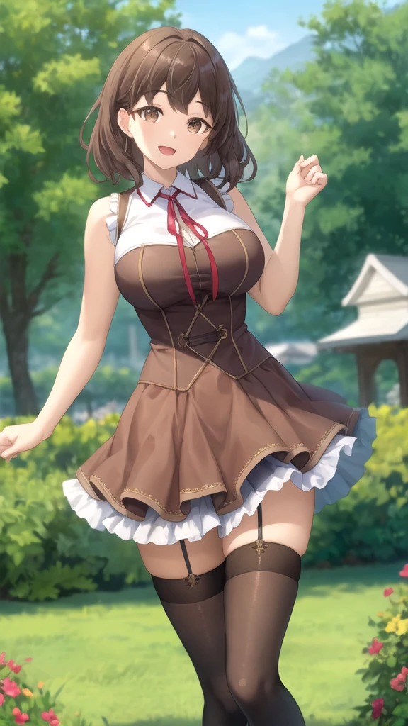 (Masterpiece), 8k wallpaper, solo, Watanabe you, game cg, beautiful detailed face and eyes, perfect anatomy, standing, garden, blush, glossy lips, strapless corset, necklace, jewelry, thigh highs, lace panties, (see-through microskirt:0.8)