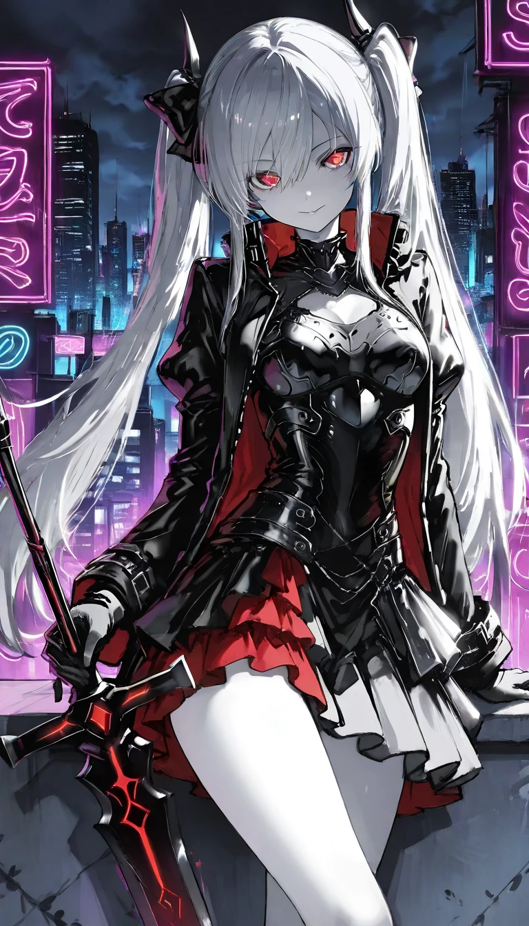 a digital illustration of a young woman with long white hair and blue eyes. She is wearing a futuristic-looking outfit with a combination of white, red, and gold colors. The outfit appears to be made up of various mechanical components, including gears, wires, and other mechanical machinery. The woman is holding a large sword in her right hand and has a determined expression on her face. The background is a mix of blue and pink, with splashes of white and red, creating a chaotic and dynamic atmosphere. The overall mood of the image is intense and powerful.