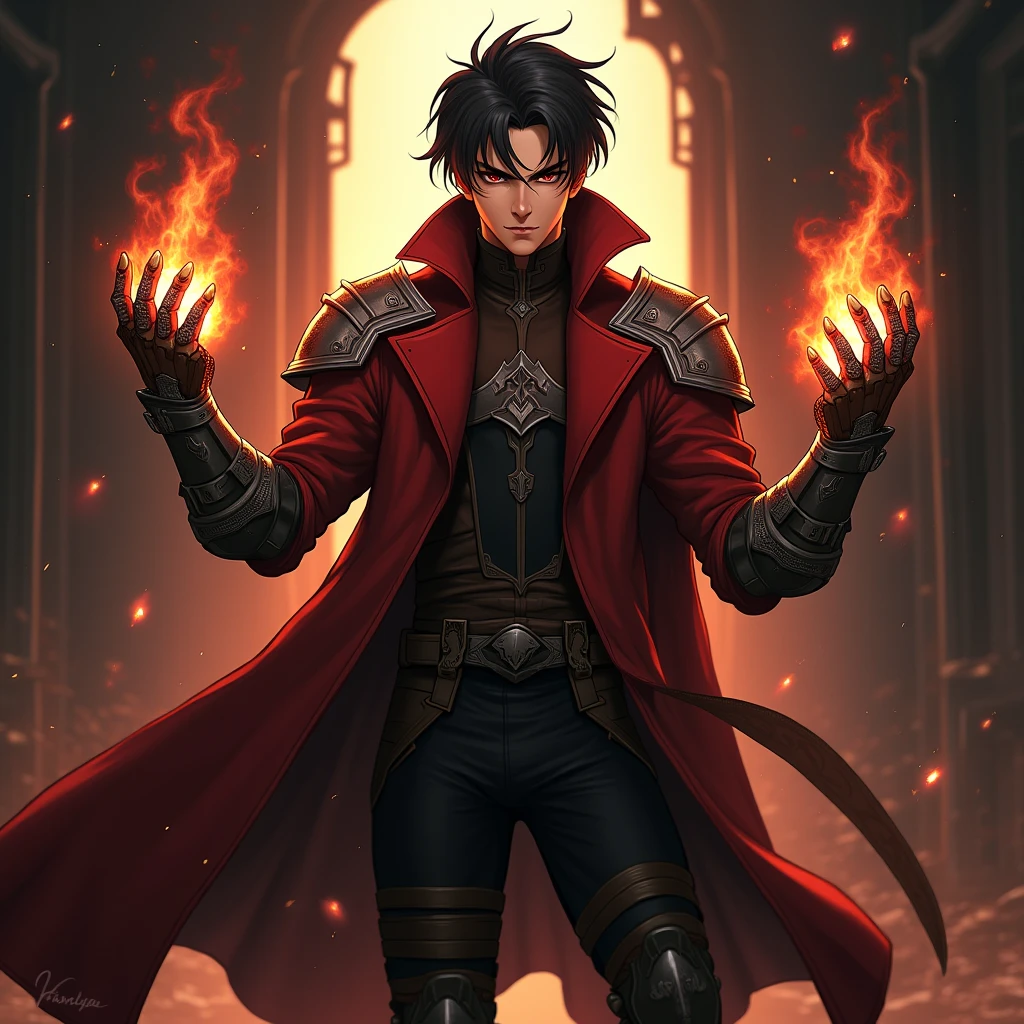 A dark-haired male warrior with intense eyes, wearing a long crimson ...