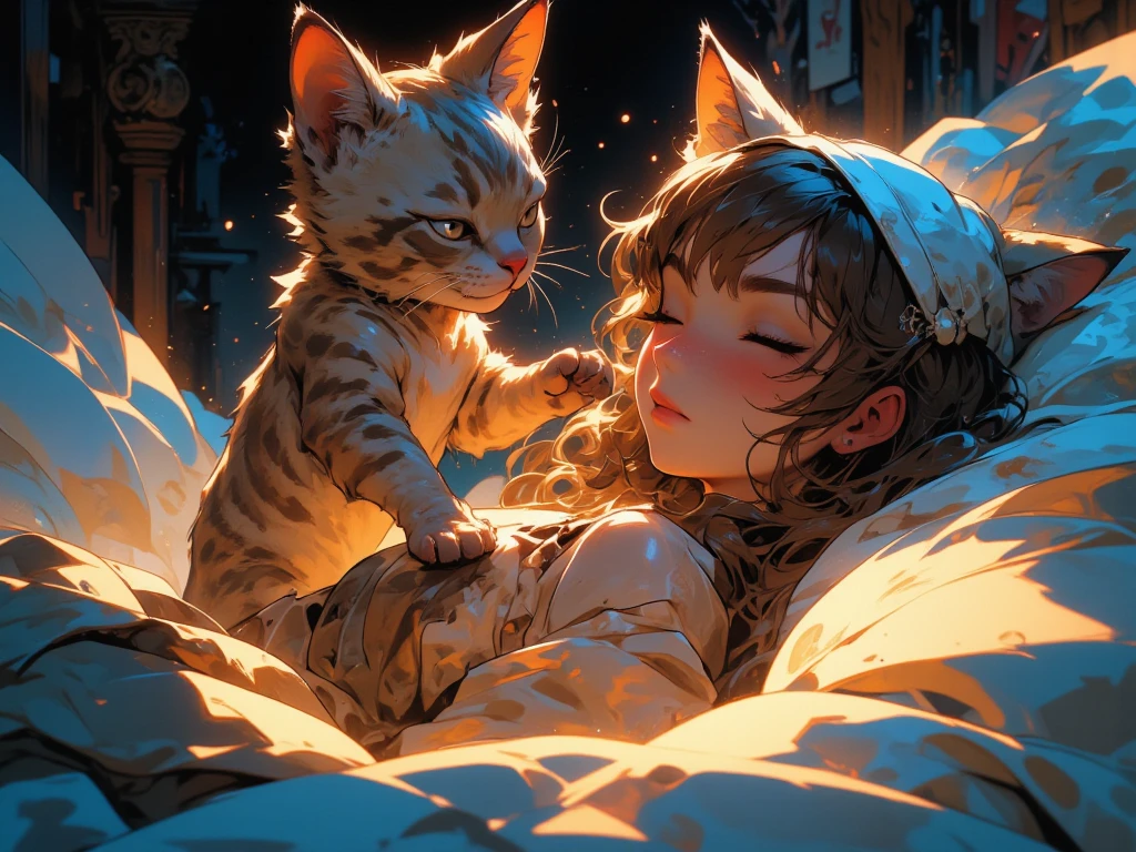 "Dreamy clouds surround a Catwoman, lying on her back with closed eyes. A magical mist of clouds playfully peek out, big tits, covering her breasts and With cute cat ears and a furry tail, she has light brown skin that contrasts perfectly with the evening sky. Let the imagination fill in the rest."