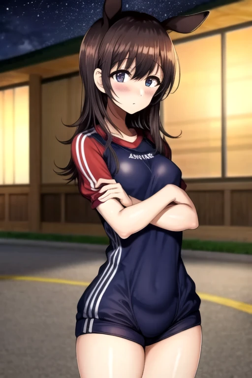 Highest quality、masterpiece、Gym clothes with short sleeves、Short length、Small waist、Brown Hair、blue eyes、Long Hair、Red gym clothes、outside、sports