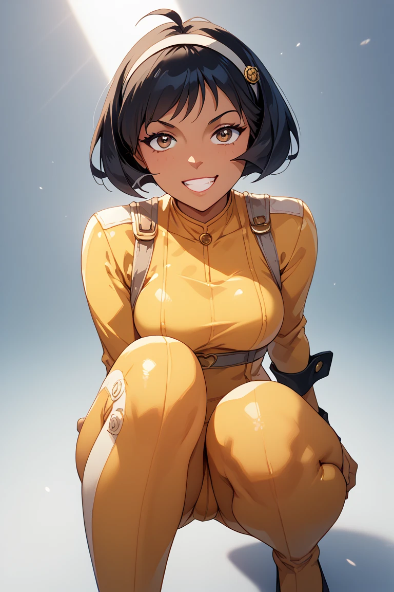 1girl, bondage, bound, restrained, kneeling, from_above, bound_arms, arms_behind_back
<lora:brj-alex-ponyXL-v0.5:1>, alex \(totally spies\), short hair, black hair, brown eyes, yellow_bodysuit:1.1, white_belt with heart-shaped symbol, center_zipper, yellow_sleeves,
grimace, glare
masterpiece, best quality
