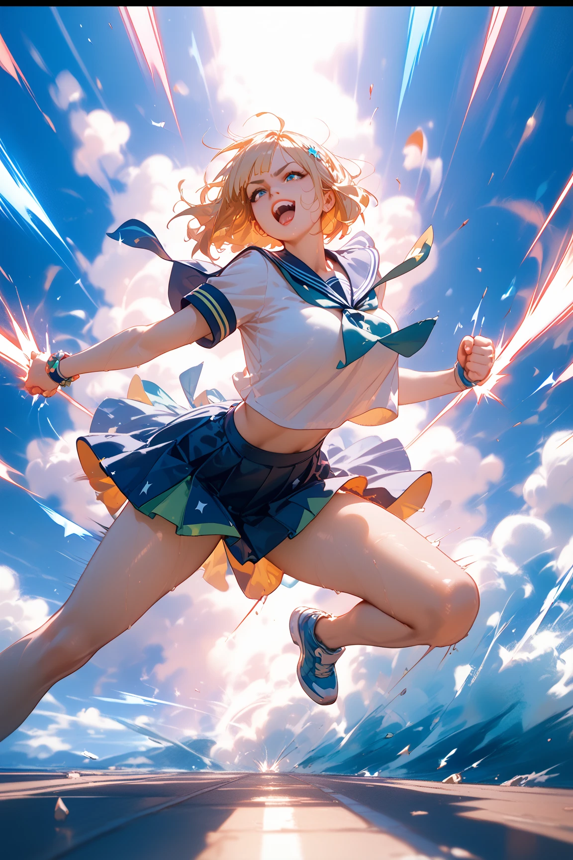 A girl with deer antlers, short brown hair, sailor uniform, who fights with a girl with long yellow hair with bare hands in a school field with a dynamic pose,anime art
