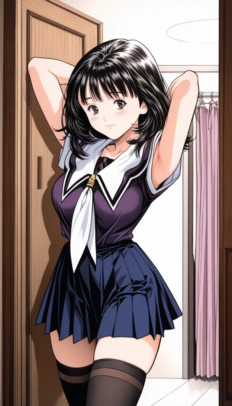 1 Woman, Slender, Japanese idol Woman,Long hair,Short-sleeved khaki dress. It has a flowing A-line silhouette, with an asymmetrical hem that curves and dents in various places. Simple round neckline, loose fit, accidental exposure, bags, underwear, panties, buttocks, skirt flipping, from behind, skirt caught on things, small breasts.cinematic angle, looking sideways, looking happy, school stairs, mouth closed,Masterpiece, Top Quality, Very Aesthetic, Absurd.