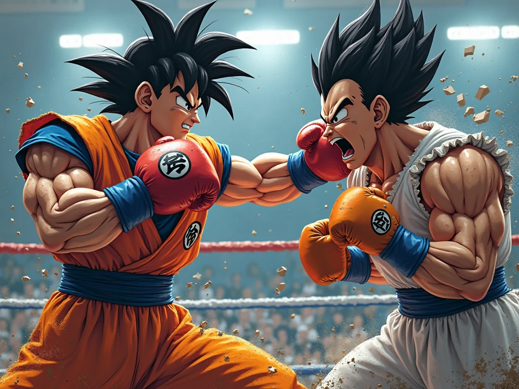 San Goku mets un crochet du droit à Végéta qui s'écroule sur le tapis de boxe.