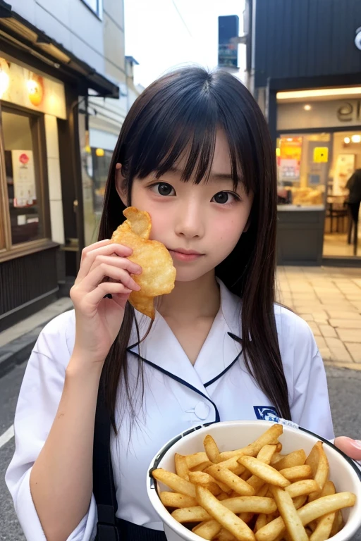 11 year old girl　Japanese　Light blue yukata　Realistic Skin　Bigeyes　Eating french fries