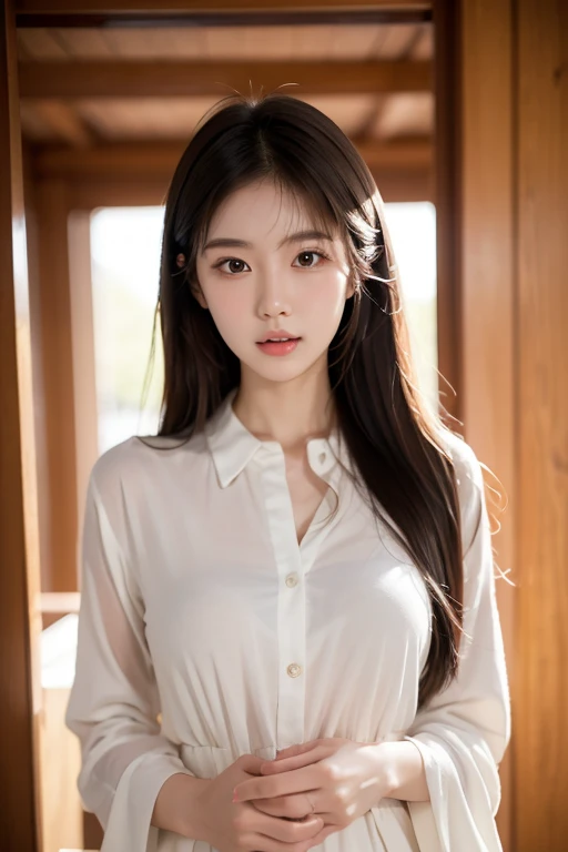 22 years old, pretty Korean female college student, Korean female idol singer Naeun. Cinematic light.