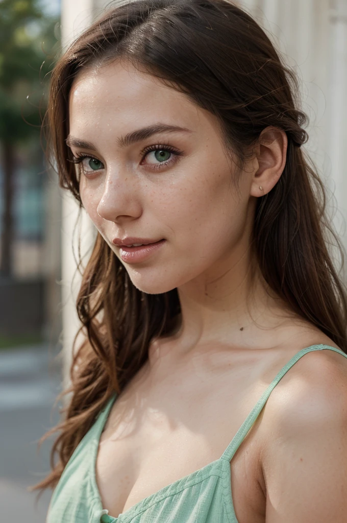 ultra realistic, cinematographic, perfect. Create the perfect face of a young woman, with light brown hair, light green eyes, artistic lips, delicate face with Greek features, thin and freckled delicate skin. Should not be made up, it should look natural and serene.