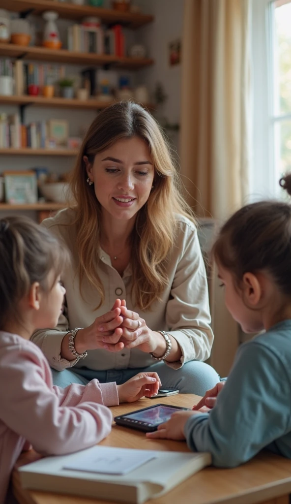 Light pale yellow background, real photo, teacher and children playing with toys and books in childcare , use very light brown for hair in 16:9 ratio