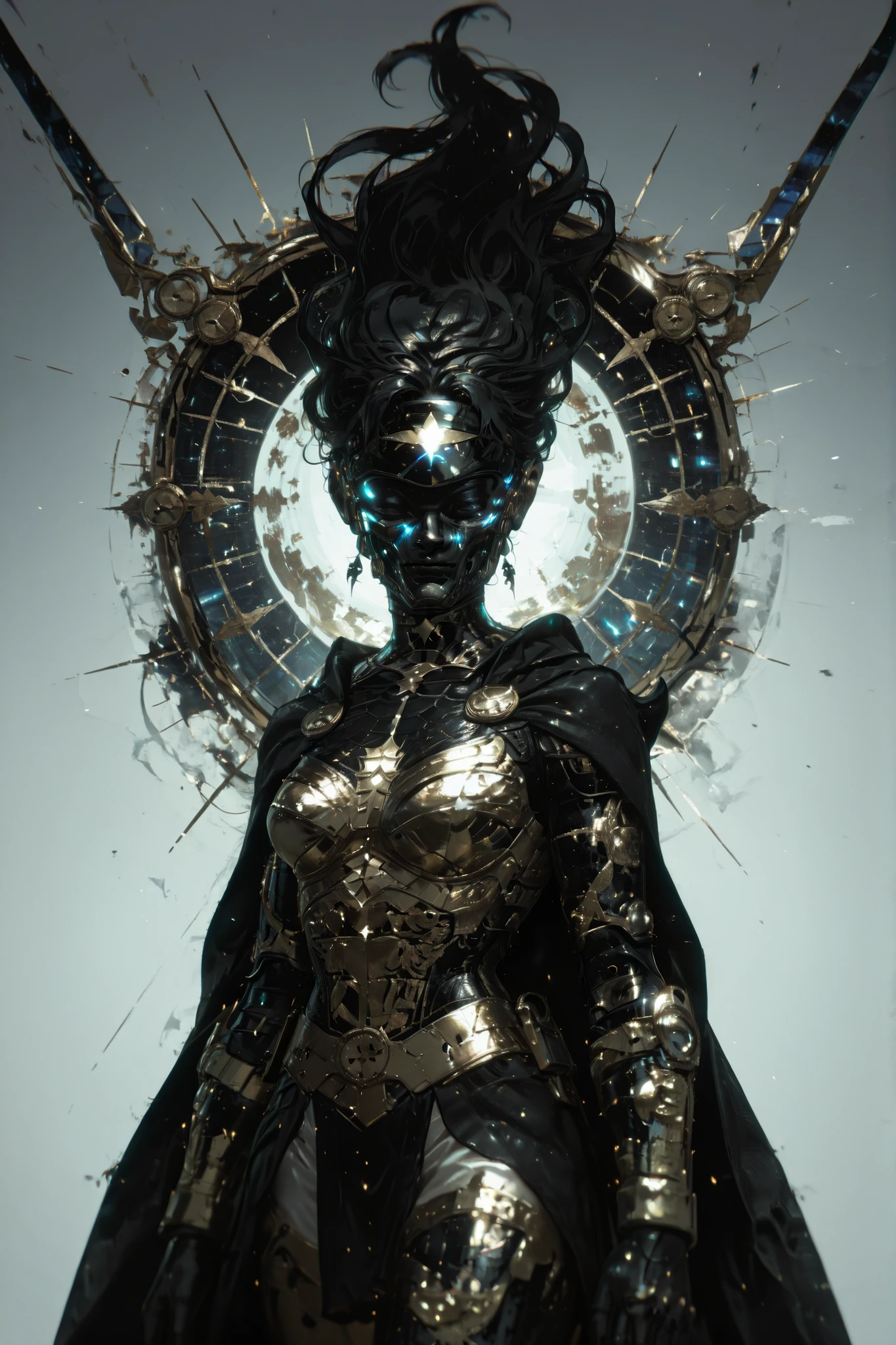 A ninja girl (((in Raymond Swanland aesthetic style::1))), Wonder Woman in ornate black & golden sci-fi armor & black cape, Textured, Aesthetic, Elegant Perfectionism, Subsurface scattering, Helical Prism, 8k uhd, glowing