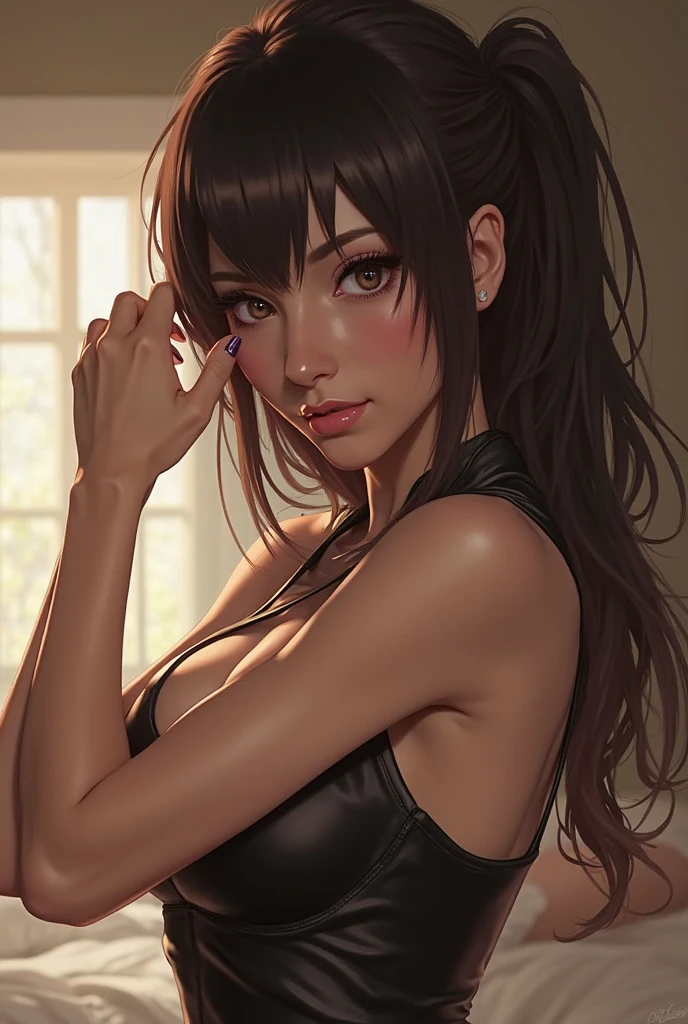 ultra realistic 8k cg, masterpiece, ((ultra detailed background, delicate pattern, intricate detail)), best quality, intricate details, chromatic aberration, 1girl, long hair, golden hair, messy hair, red highlights, hair over one eye, sharp eyes, choker, brick wall, graffiti, dim lighting, alley, oversized shirt,off shoulder, see through white shirt, Masterpiece, best quality