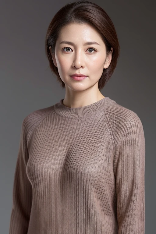 hight resolution, high-level image quality, high detailing, masterpiece, Textured skin, tre anatomically correct, sharp, greybackground((japanese mature, 30-years old)), 独奏, ((Wrinkles on the face)), large breasts with good shape, Straight light brown hair that reaches to the shoulders, chubby figure (((erect through, facing the center of the screen.))), Close your mouth and look straight ahead with a serious face, Sweaters, skirt by the, ((cowboy shot)),