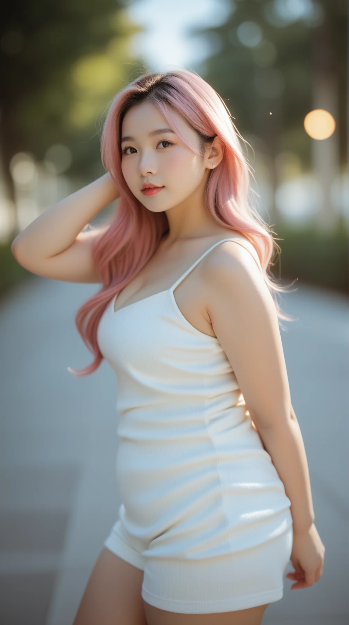 Pink Hair,Realistic, photo-Realistic:1.37),(8k, RAW Photos, highest quality, masterpiece:1.2), cute, Dayu Seren, Very delicate and beautiful girl,Very detailed, , Genuine, incredibly Absurd, Abstraction, very elaborate body, Sexy smile, young,20-year-old, Heart-shaped pupils,Pink Hair, Two-tone hair, Beautiful fine hair, Exquisite and beautiful face,Clear Eyes, Soft lips, Absurd, Very CGI-like,Huge breasts,(Exposing the breasts:1.37),Accentuate your breasts,24-year-old in a blue dress standing on a street corner, Looking into the camera, Wearing a long pink dress, Blue see-through dress, Thong Panties, Long shot from behind, squat, It has a graceful tail behind it...., Long dress, Translucent dress, View from behind, Long flowing robes,Sexy Style,