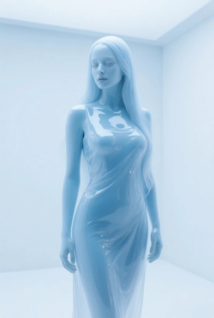 Sexy girl with long straight hair turned into a sapphire statue