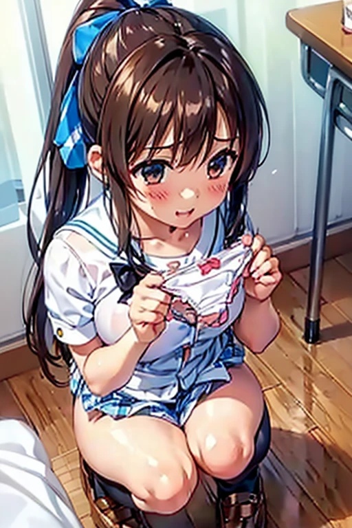 , Crawling on all fours, Low - Angle, Lift your ass, Lie on your butt, masterpiece, alone, alone, Hair Inhalation, Torn clothes, handcuffs, , tears, chain, Heart-shaped pupils, Are crying, bondage, Melting white panties, Melting White Bra, Melting underwear, ponytail、