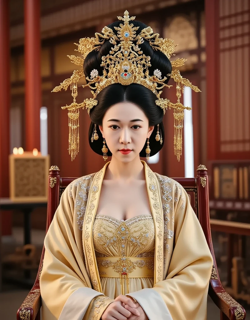 [CHARACTER: Tang Dynasty Imperial Noblewoman]  
Appearance: A breathtakingly beautiful Chinese woman with luminous porcelain skin, elegant oval face, soft round eyes, and an aura of authority mixed with sensuality.  
Outfit: Wearing an **extravagant Tang Dynasty hanfu**, with layers of **rich silk robes** in hues of deep red, gold, or royal purple, adorned with **phoenix and peony embroidery**, golden trims, and flowing wide sleeves. Her outer robe drapes gracefully, revealing inner layers with intricate brocade.  
Hair: Styled in a **tall, elaborate Tang court updo**, decorated with **gold phoenix pins**, **jeweled crowns**, **floral hair ornaments**, and **dangling pearl strings**.  
Expression: Regal and composed, with a soft, knowing smile or a serene, powerful gaze — full of imperial charm and timeless grace.  

[SCENE]  
Location: Standing or seated in a **Tang Dynasty palace hall**, or on a marble terrace with carved dragons, red pillars, and hanging silk drapes. Optionally near **an imperial lotus garden** or **silk-curtained balcony** overlooking the court.  
Lighting: Warm golden indoor lighting, with beams of sunlight from tall windows or lanterns casting soft highlights on silk textures and jewelry.  
Mood: Grand, majestic, and intimate — capturing the elegance and dominance of a woman born to rule.  

[CAMERA]  
Full-body or mid-length portrait, capturing the flow of the robes, the headdress, and facial expression. Side angle or slight tilt for cinematic drama.  

[STYLE]  
Ultra-realistic 8K, cinematic lighting, dramatic shadows, soft focus on background to enhance regal presence.  
Avoid cartoonish tone — use royal color palette, authentic textures, and Tang Dynasty aesthetics.
