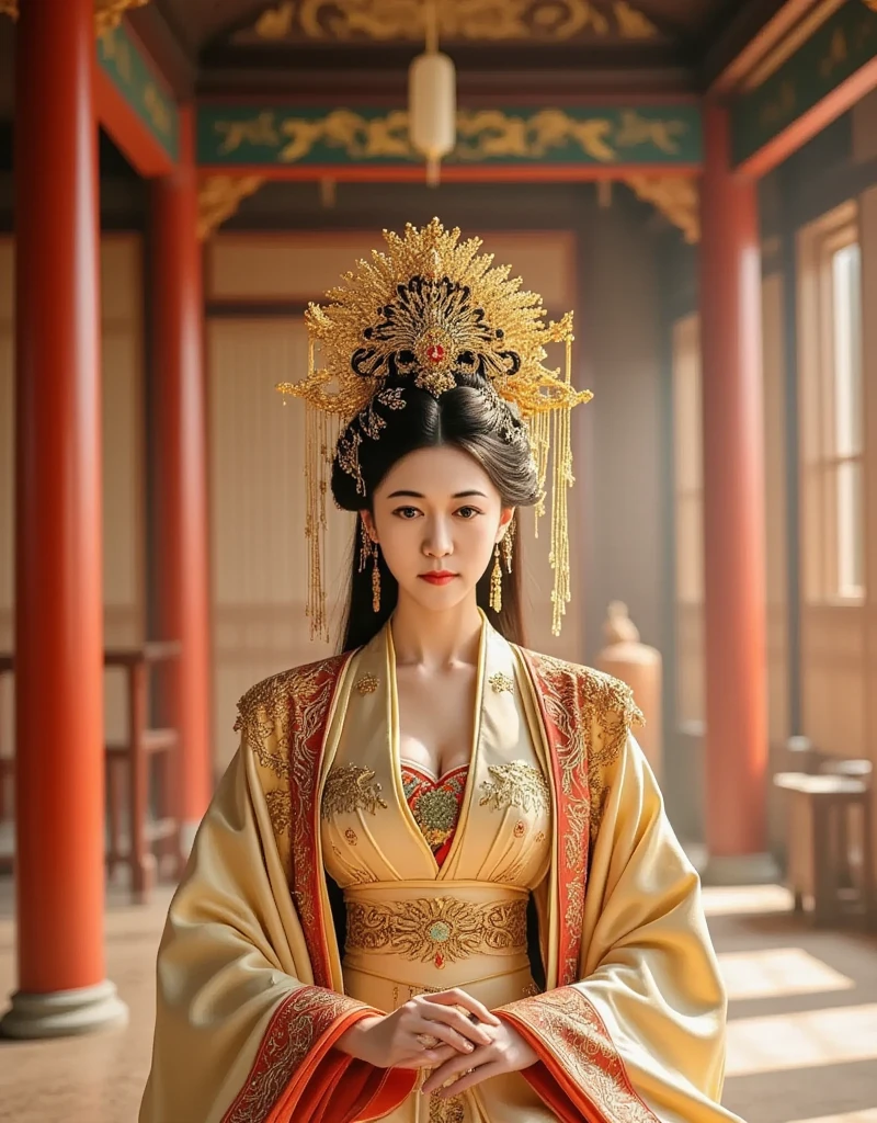 [CHARACTER: Tang Dynasty Imperial Noblewoman]  
Appearance: A breathtakingly beautiful Chinese woman with luminous porcelain skin, elegant oval face, soft round eyes, and an aura of authority mixed with sensuality.  
Outfit: Wearing an **extravagant Tang Dynasty hanfu**, with layers of **rich silk robes** in hues of deep red, gold, or royal purple, adorned with **phoenix and peony embroidery**, golden trims, and flowing wide sleeves. Her outer robe drapes gracefully, revealing inner layers with intricate brocade.  
Hair: Styled in a **tall, elaborate Tang court updo**, decorated with **gold phoenix pins**, **jeweled crowns**, **floral hair ornaments**, and **dangling pearl strings**.  
Expression: Regal and composed, with a soft, knowing smile or a serene, powerful gaze — full of imperial charm and timeless grace.  

[SCENE]  
Location: Standing or seated in a **Tang Dynasty palace hall**, or on a marble terrace with carved dragons, red pillars, and hanging silk drapes. Optionally near **an imperial lotus garden** or **silk-curtained balcony** overlooking the court.  
Lighting: Warm golden indoor lighting, with beams of sunlight from tall windows or lanterns casting soft highlights on silk textures and jewelry.  
Mood: Grand, majestic, and intimate — capturing the elegance and dominance of a woman born to rule.  

[CAMERA]  
Full-body or mid-length portrait, capturing the flow of the robes, the headdress, and facial expression. Side angle or slight tilt for cinematic drama.  

[STYLE]  
Ultra-realistic 8K, cinematic lighting, dramatic shadows, soft focus on background to enhance regal presence.  
Avoid cartoonish tone — use royal color palette, authentic textures, and Tang Dynasty aesthetics.

