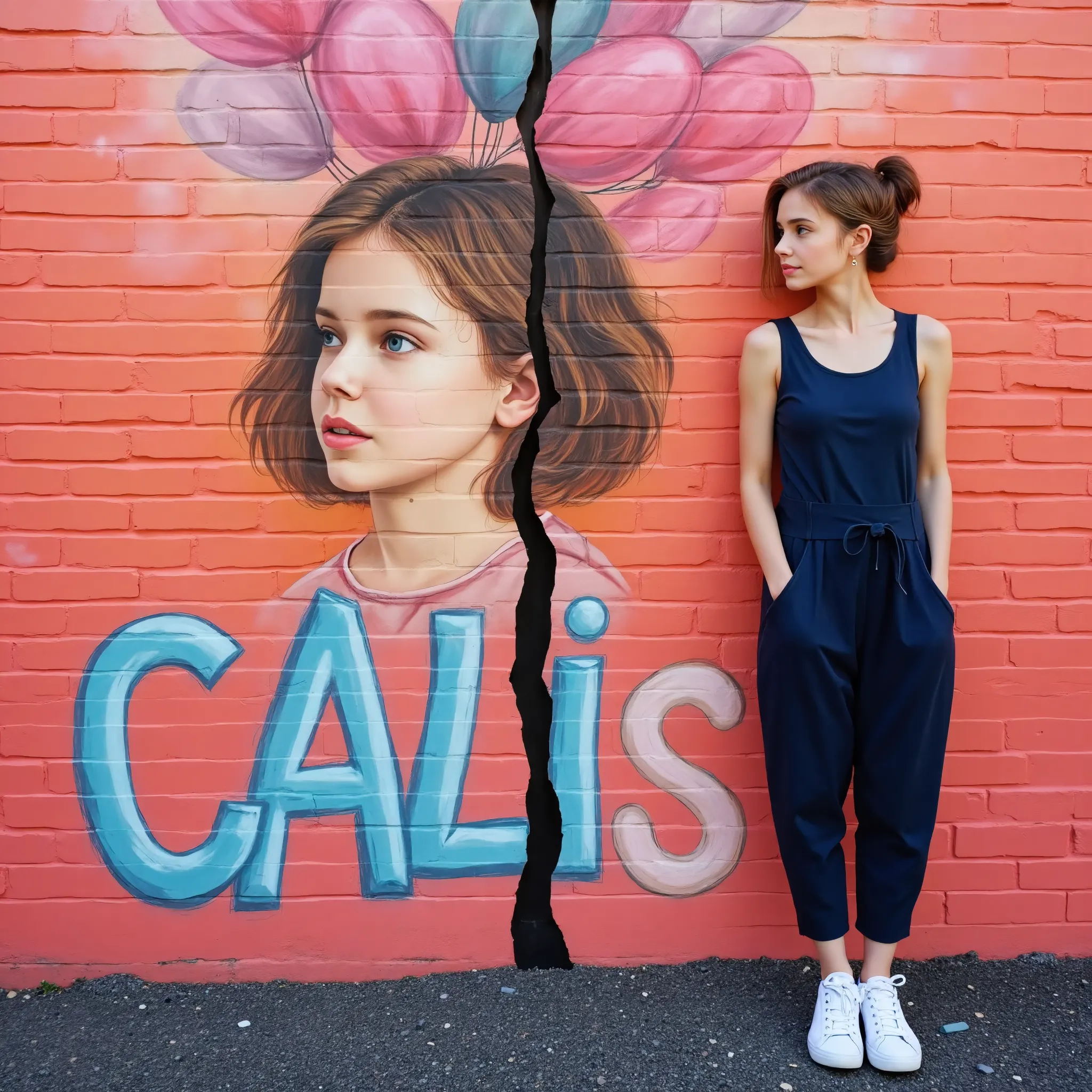 和自己形象的壁画合影