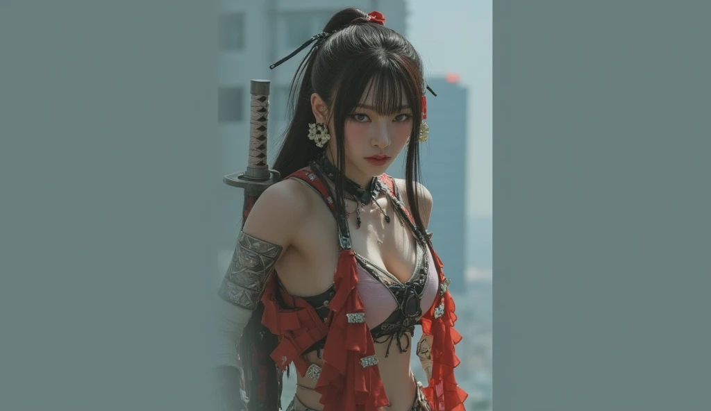 (4K), (masutepiece:1.5), (Best Quality:1.5),(very intricate), (Realistic:1.5), ((Sharpen the focus of the lower body from below:1.5)), (awardwinning), (Cinematic lighting:1.5), (Extremely detailed:1.5), Fierce and beautiful cyberpunk lone female warrior on the battlefield,((Realistic woman with flashy colors Beautiful Chanel pattern Full plate body armor:1.5)) (Exposing the cleavage:1.2)((Chanel flare skirt with gorgeous colors:1.5)) (and corsets :1.5), (Gorgeous and intricately embroidered panties from below:1.4),((chanel pattern:1.5)), ( Fancy colorful hair :1.5) ,( Colorful hair fluttering in a gust of wind:1.3)、(It looked as if they were about to attack the enemy:1.3).、(She has a wicked smile on her beautiful oval face:1.3), isometric_The setting, Hollywood actress,Incredibly cute girl,,Realistic human skin,Perfect Anatomy, Correct anatomy, Perfect proportions, Perfect face, Perfect hands, Perfect fingers,(Dynamic Poses、Manga style、From fierce battles to carefree moments、 With dramatic speed lines and bold sound effects、Draw groups of characters in different action scenes、Capture the excitement and energy of the story:1.3)、(fumo:1.2)、(battleing、wrecked tanks:1.4)、(Ruins、towns)、(outside of house、Blue sky:1.3)、(Wartime:1.2)、Thin leg、thin-waist、alluring face、