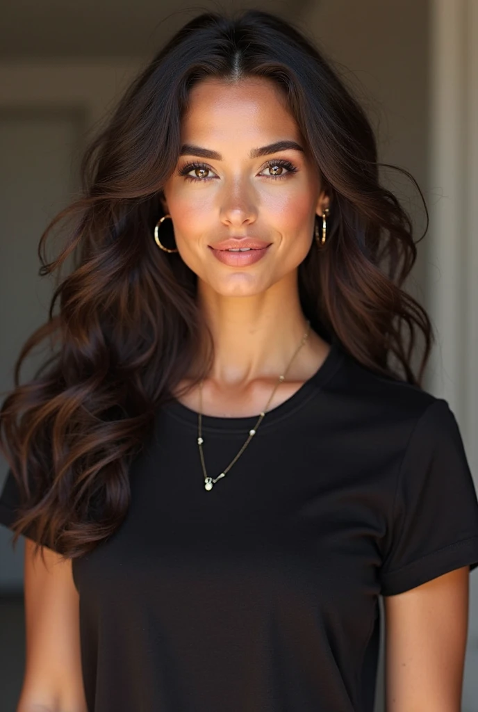 Create a photorealistic image of a beautiful 35-year-old Latina woman with long, dark hair styled in loose waves and natural makeup with a focus on her eyes. She is wearing a black top and jeans shorts and has a confident and sensual expression. She is wearing simple jewelry, such as a pair of earrings and a necklace. The lighting is soft and natural, with a slight emphasis on the woman's face. The background is white.