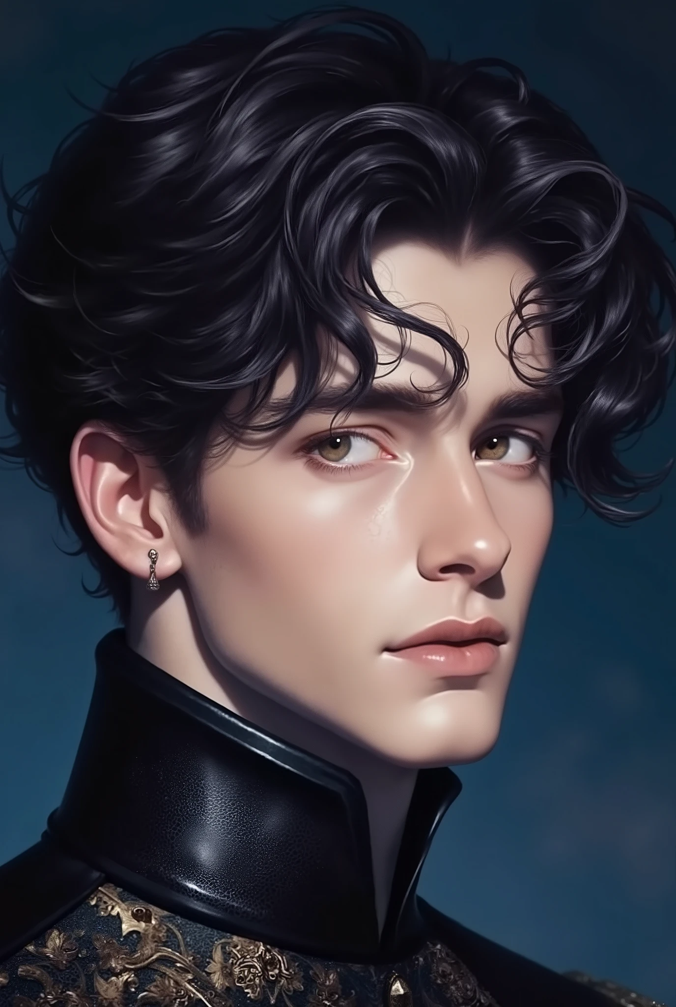 Noble young prince
Aristocratic youth
Mysterious male beauty
Medieval nobleman
Regal young man
Raven-haired male
Enigmatic royalty
Delicate but strong features
Noble gaze
Art Style Keywords:
Cinematic fantasy portrait
High-detail realism
Soft moody lighting
Baroque background
Rich color grading
Fantasy film aesthetic
Painterly touch
Period drama lighting