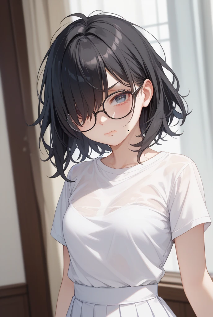 Woman in glasses、Intellectual、Embarrassed、F Cup、White T-shirt、Black Hair、No background、Background white