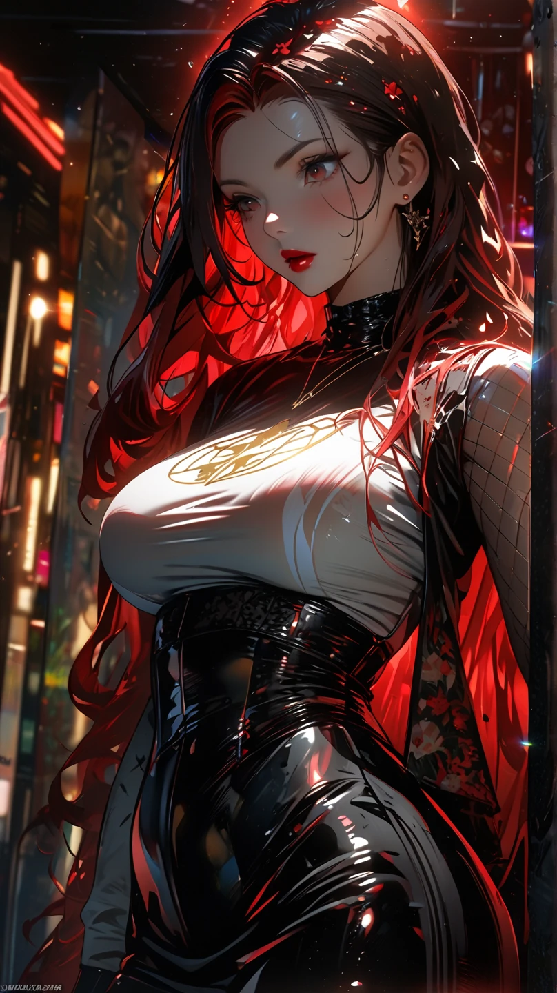 One beautiful woman, ,
long hairstyle 、red hair color , emerald eyes, beautiful eyes, detailed eyes ,
Two-tone hair colors,small face、anime makeup、"A girl with a cute and androgynous face"、white skin、cute eyes、Very thin eyebrows、tall、stylish black luxury fashion、stylish outfits 、、25 years old、British girl、Has a languid look、anger、Lower the corners of your mouth with no expression on your face、Photographed from the side diagonally、model photoshoot、masterpiece、highest quality、high resolution、luxurious 、glaring expression、korean makeup 、Cool photos、Various poses、rich , an expression of despair, lifeless eyes , Gothic outfit , sexy.,large curves, big breasts, plump body. ,maid outfits
