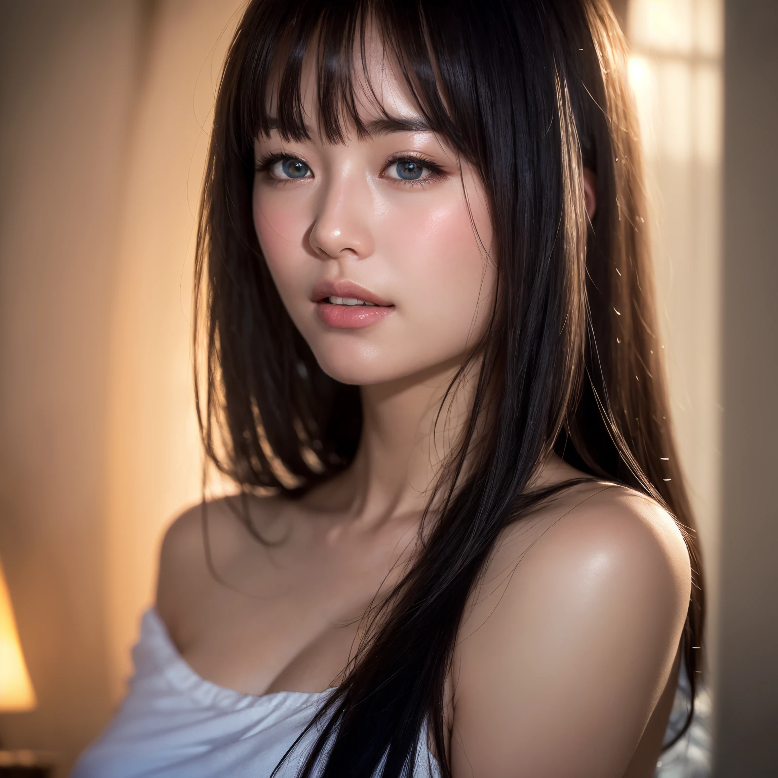 best quality, Face focus, soft light, Ultra high resolution, (realistic:1.4), raw photos,
1 Japanese girl, alone, cute, (student, Light enters the eyes), Beautiful, detailed face, (small breasts),(High resolution details of human surface.),
(long hair),
indoor,
Dark red shirt dress,
(Portrait)
