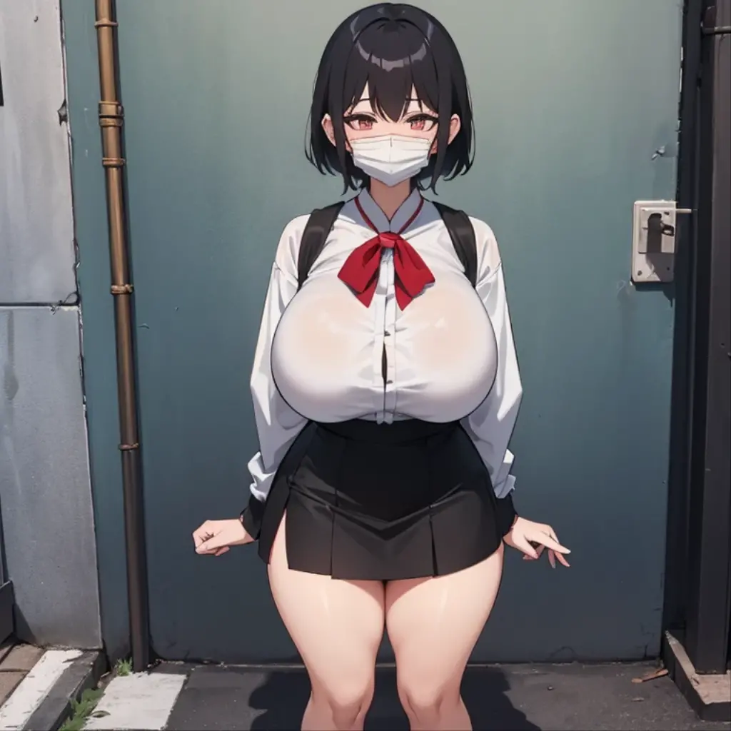 Futanari loli with penis, with short black hair,((huge breasts, tight mini skirt, woman with a huge 40 centimeter penis between her legs)),((white blouse with Bhutan)),((with a mask, standing on a street)),